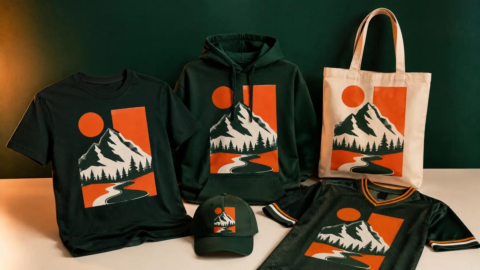 One colourful DTF design printed across a t-shirt, hoodie, tote bag and cap, showing DTF's versatility