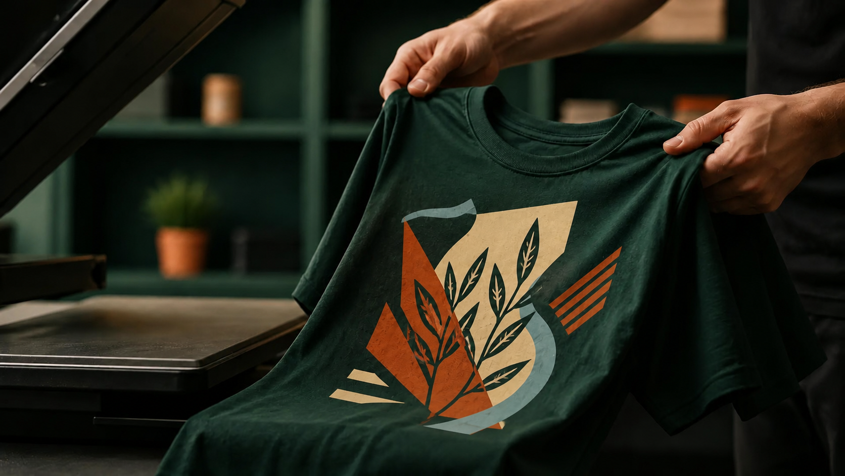 Print shop worker holding a dark green T-shirt with abstract botanical and geometric artwork