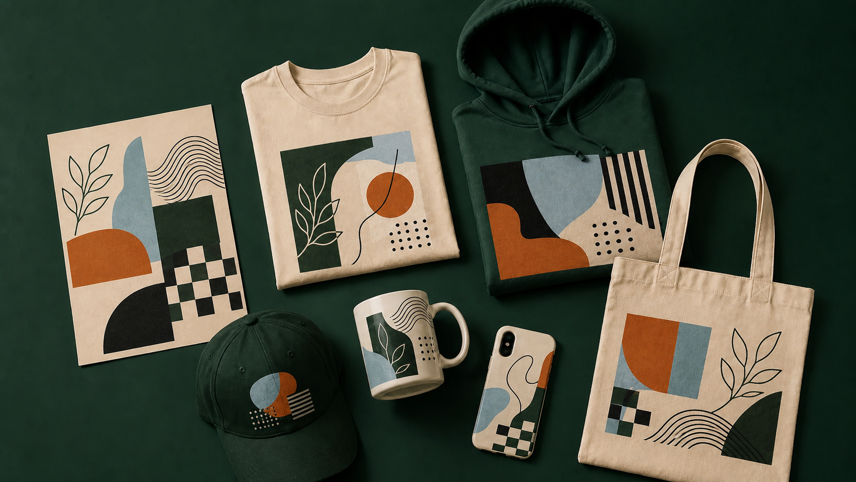 Custom T-shirt, hoodie, tote bag, cap, mug, phone case, and poster with coordinated abstract botanical and geometric artwork