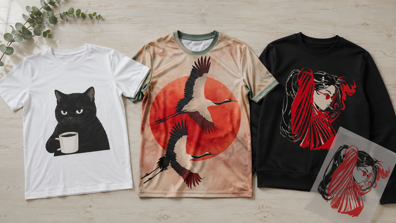 A DTG-printed cotton tee, a dye-sublimated polyester jersey and a DTF transfer on a dark garment side by side, showing three processes often counted as one market