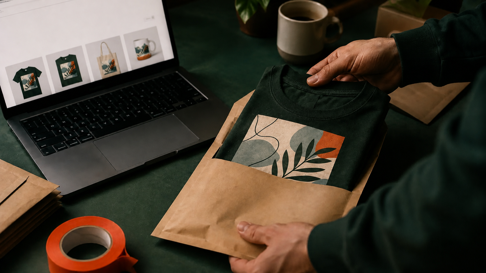 Hands packing a custom T-shirt with abstract botanical artwork beside matching product mockups on a laptop