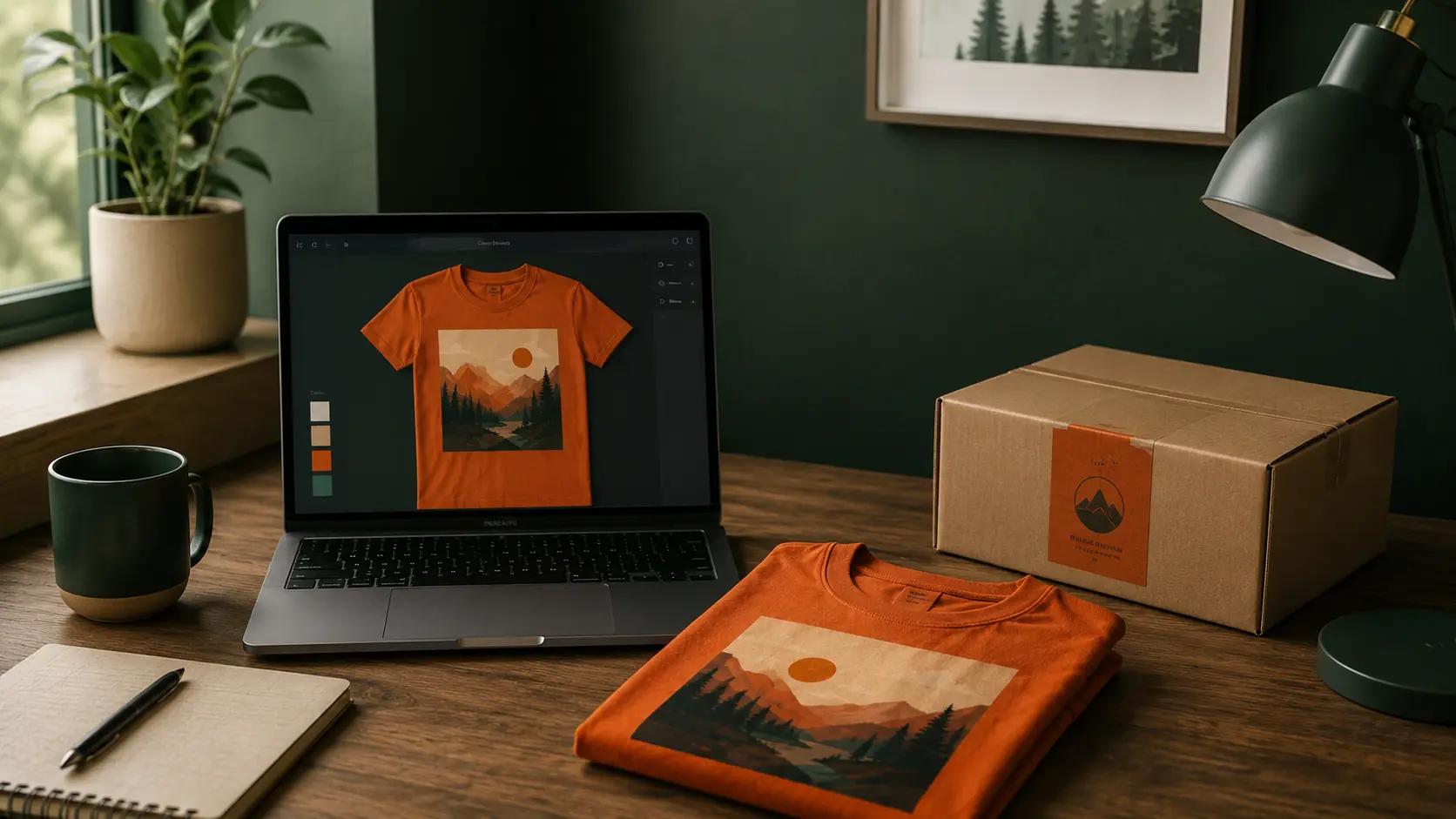 Laptop with a t-shirt design, a printed shirt, and a shipping box showing the print-on-demand order-to-delivery flow