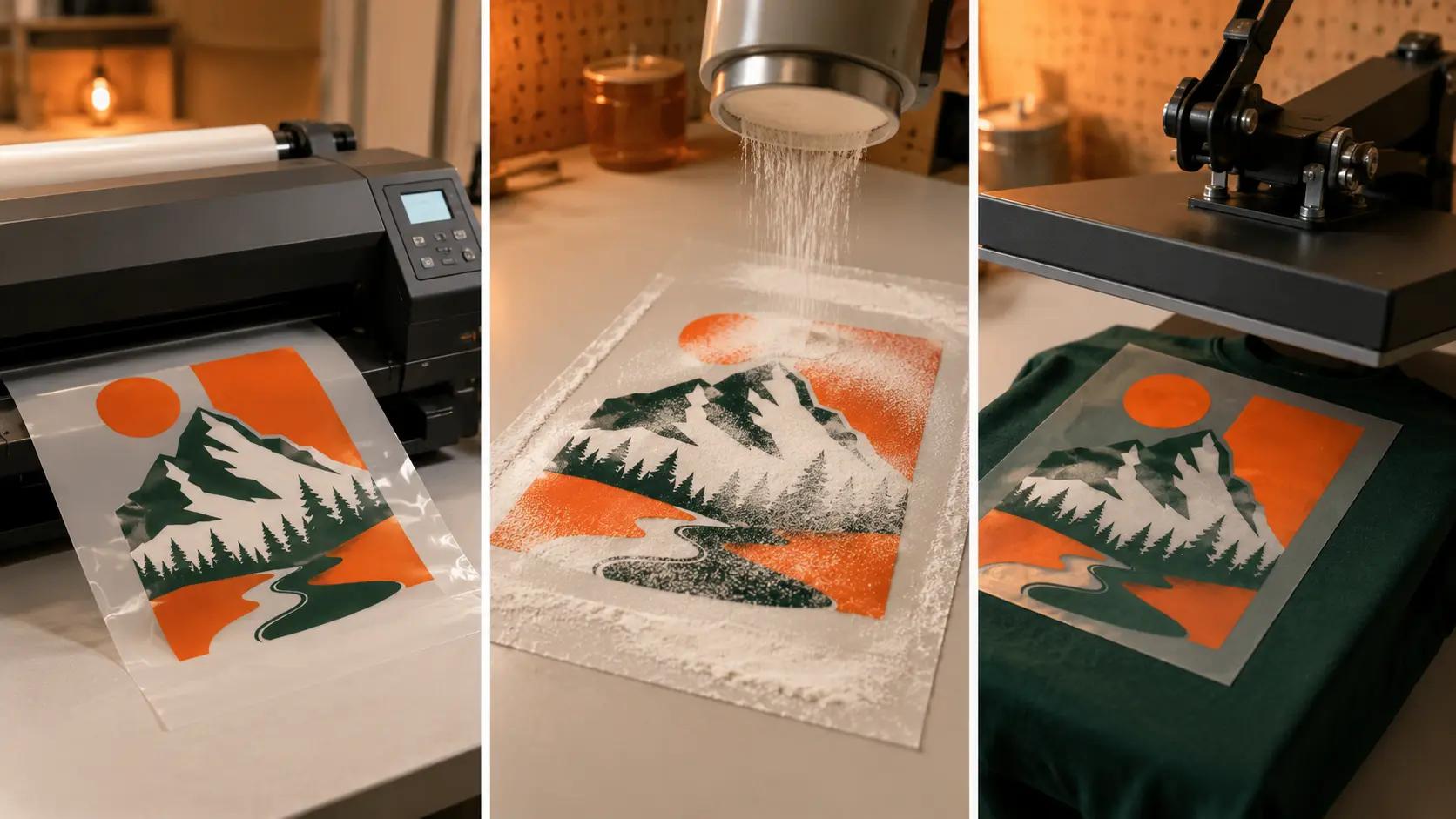 The stages of DTF printing: printing the film, applying adhesive powder, and heat-pressing onto a garment