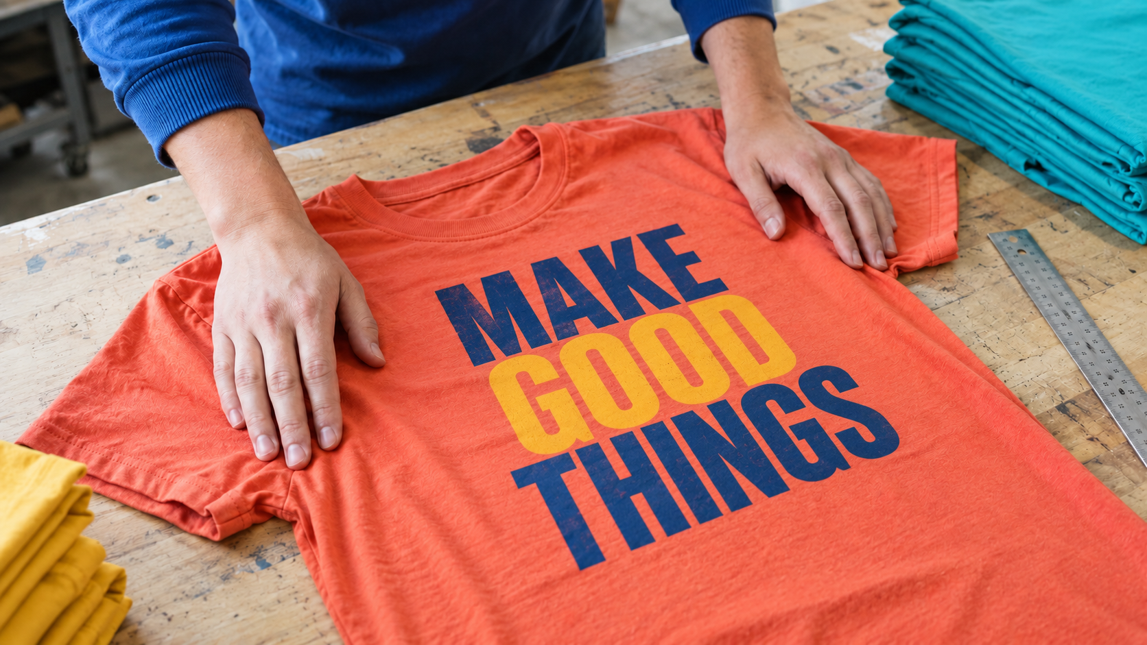 AI-generated photo-style close-up of hands checking MAKE GOOD THINGS typography on a coral T-shirt