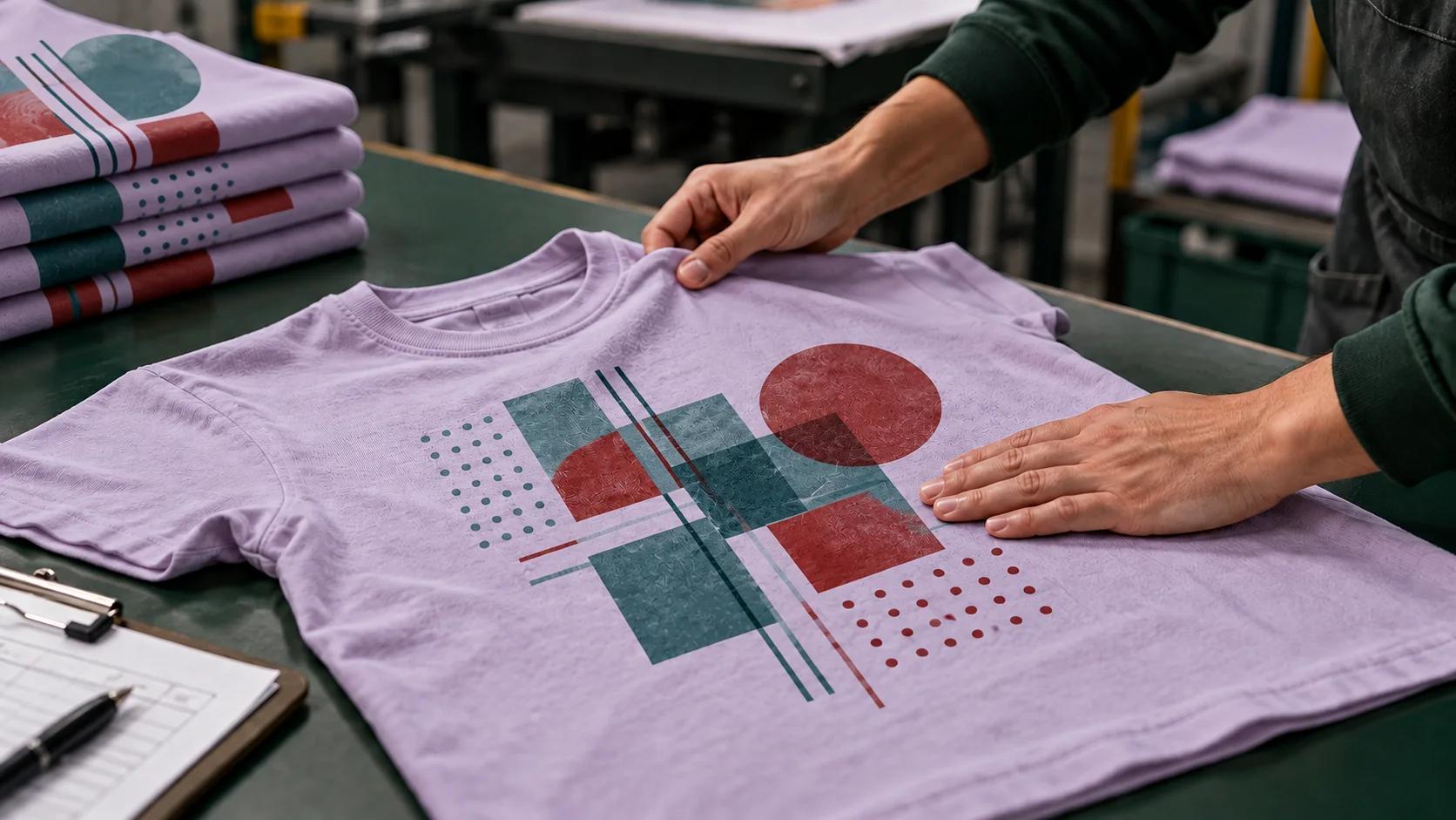 Print-shop worker inspecting a lavender T-shirt with teal-and-red geometric artwork