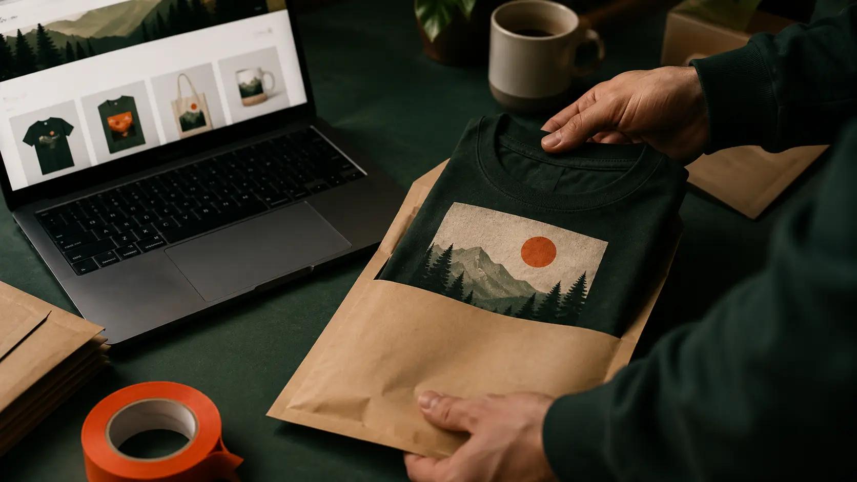 Hands packing a custom t-shirt into a mailer beside a laptop store page, showing print-on-demand order fulfillment