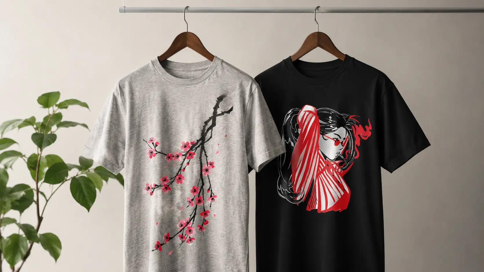 A DTG-printed cotton tee and a DTF-printed dark polyester tee hanging side by side, showing the difference in ink finish