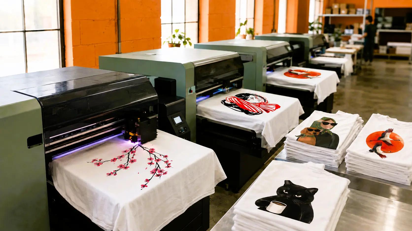 A row of industrial direct-to-garment printers running in an apparel production facility, with stacks of finished printed shirts nearby