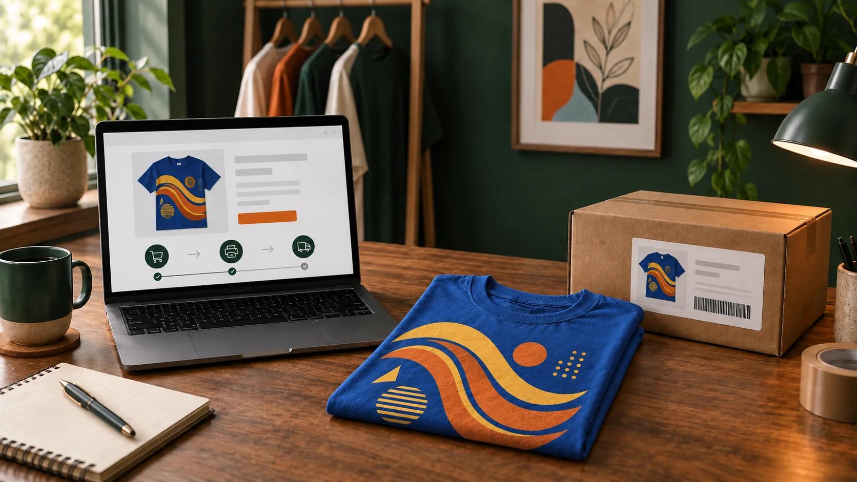 Cobalt T-shirt with yellow-and-orange wave artwork shown across an automated print-on-demand order workflow
