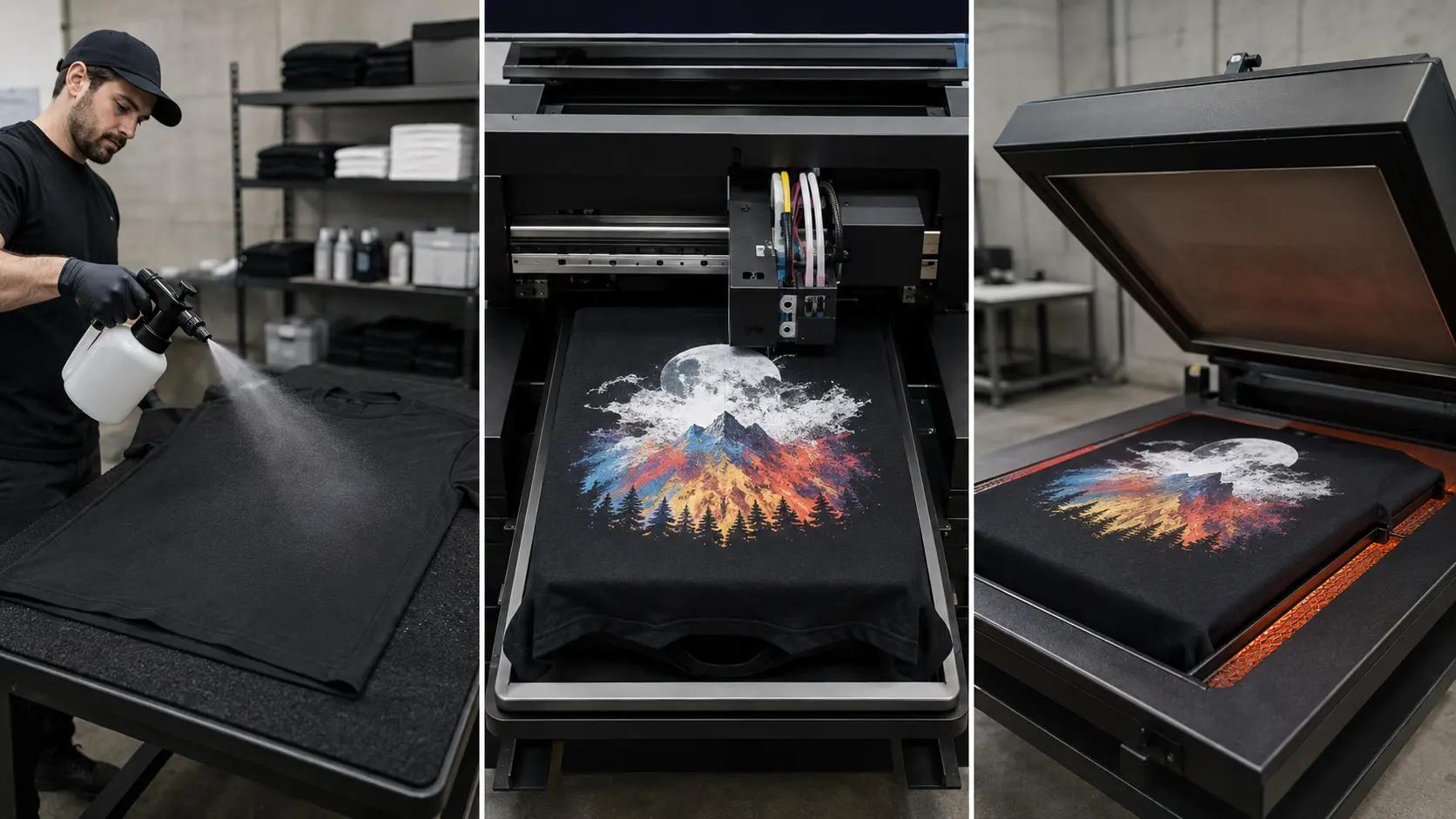 The three stages of DTG printing: pretreatment, printing on the platen, and heat curing