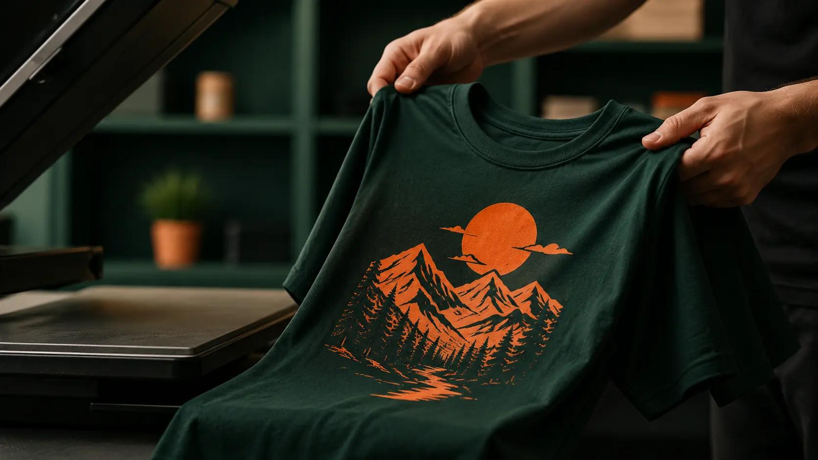A single custom t-shirt printed to order in a print shop, showing print on demand needs no upfront inventory