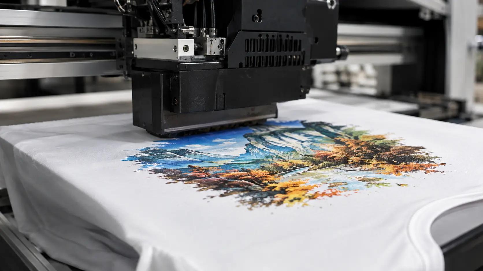 Close-up of a DTG printer printing a colorful design directly onto a cotton t-shirt