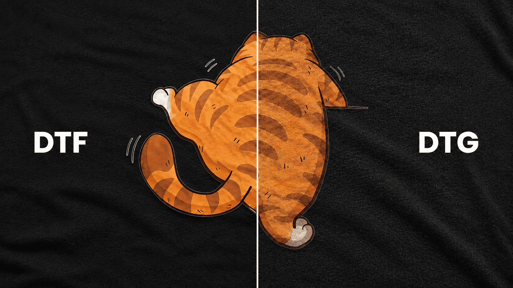 The same design printed with DTF on the left and DTG on the right on a dark t-shirt