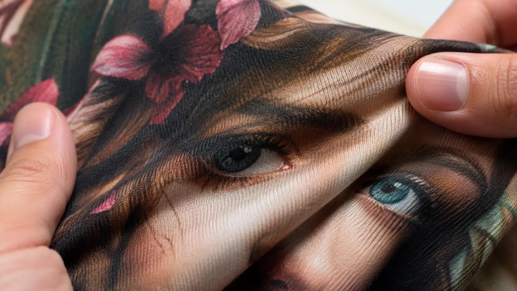 Close-up of a detailed DTG print on stretched cotton fabric showing ink embedded in the fibers