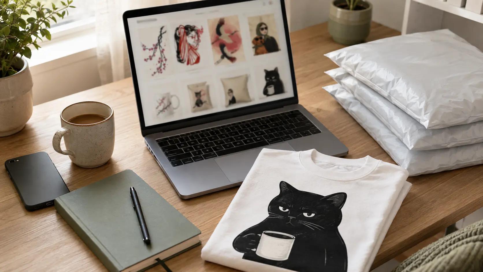 A laptop showing an online store beside a folded printed t-shirt and sealed mailers ready to ship, representing the print-on-demand selling layer
