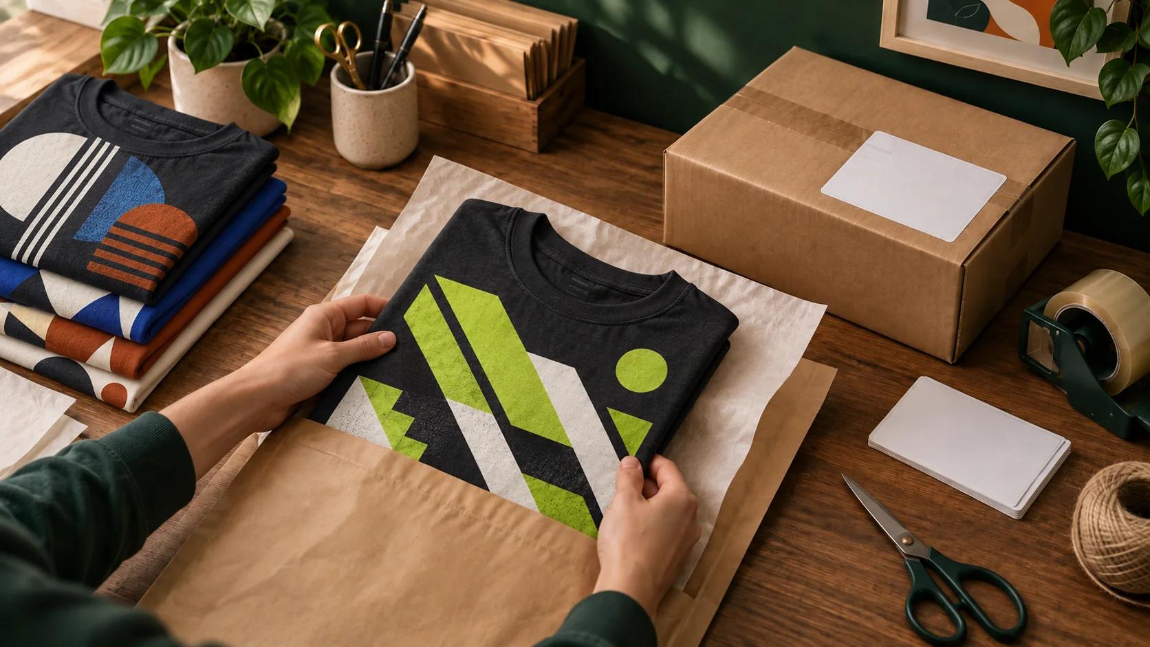 Charcoal T-shirt with lime-and-white angular artwork being placed into protective packaging