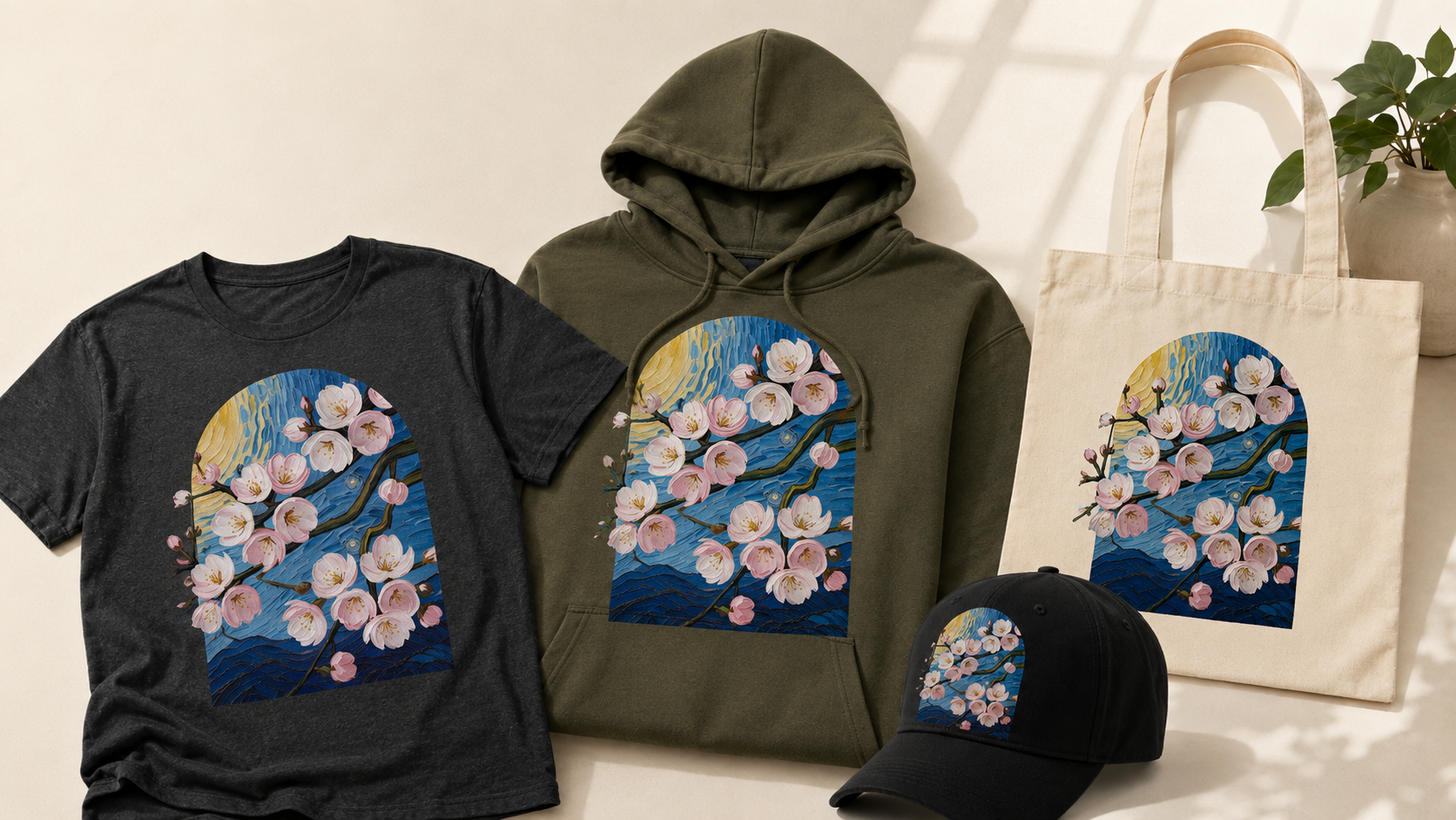 A single floral design printed across a t-shirt, hoodie, tote bag and cap