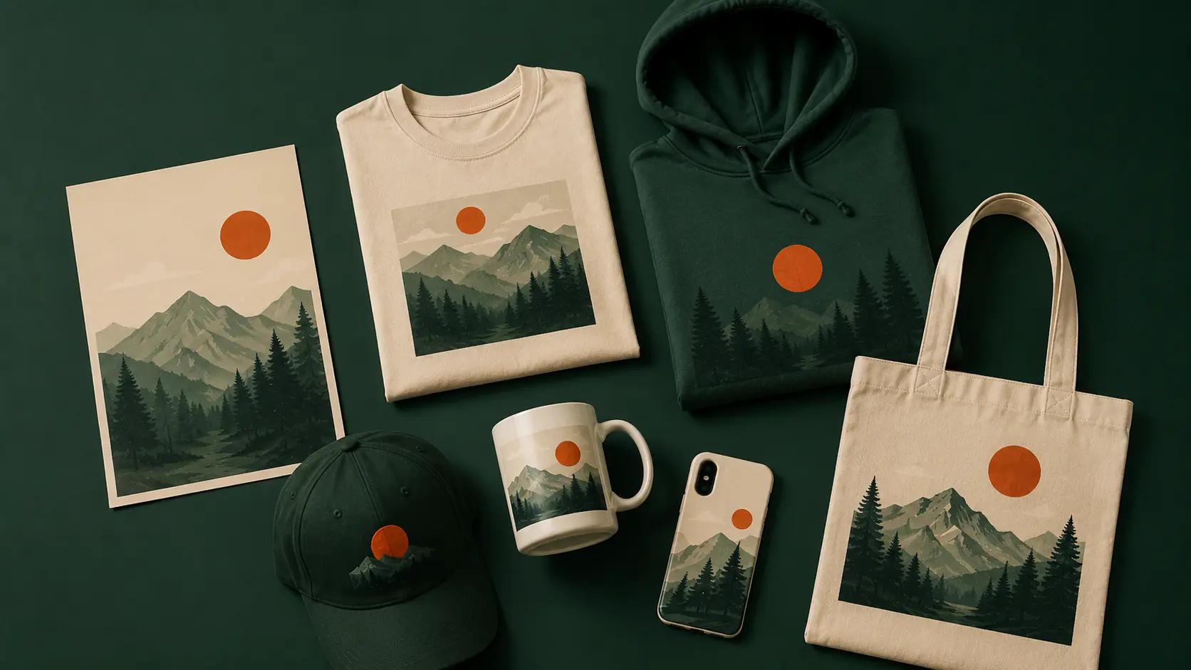 Custom-printed t-shirt, hoodie, tote bag, and mug arranged on a green surface, illustrating print on demand products