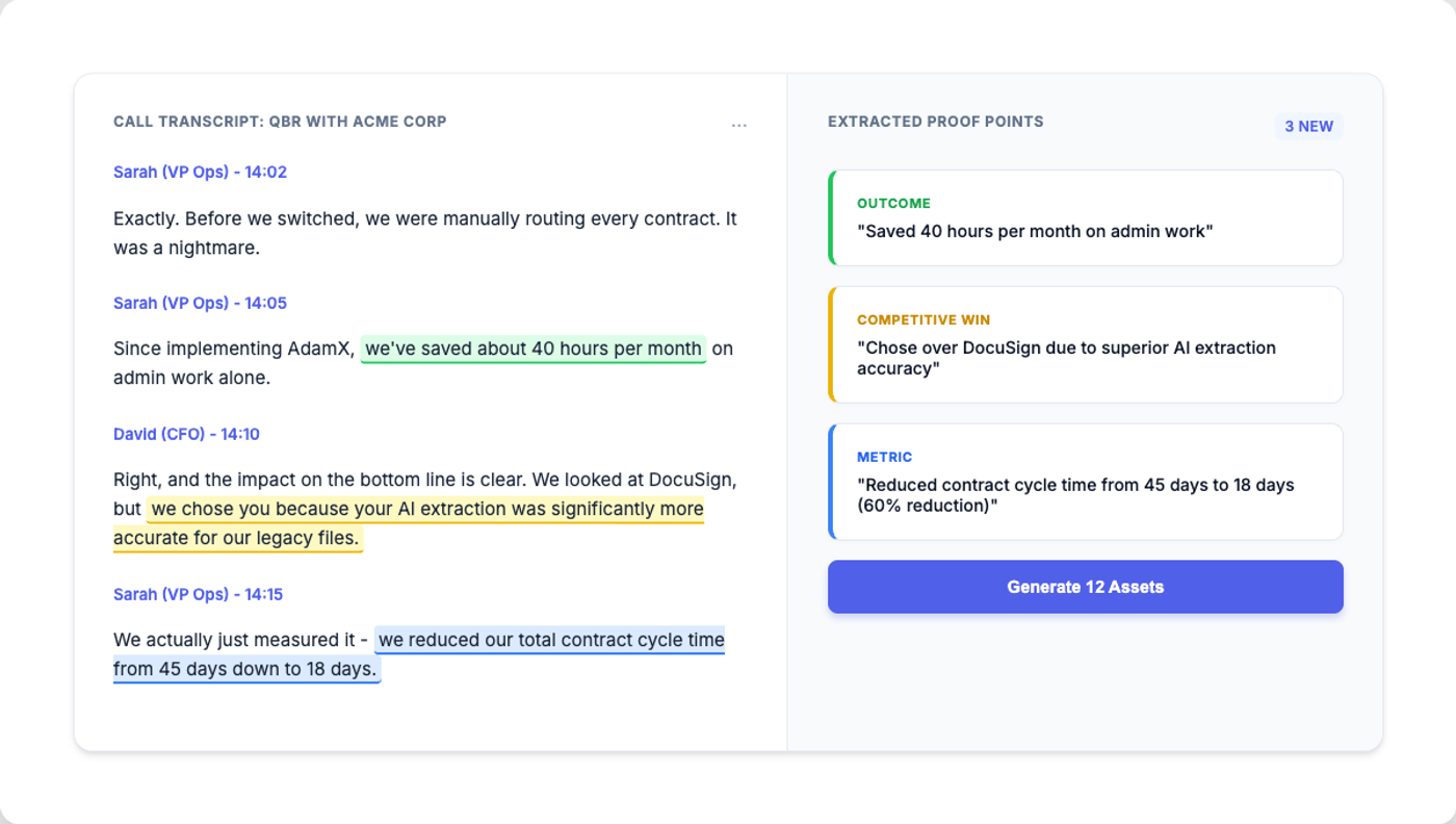 Proof Extraction - Extract testimonials, pain points, and insights from calls