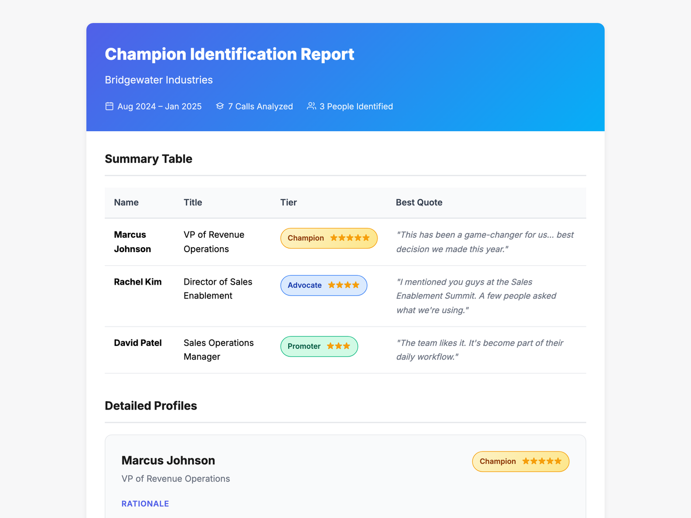 Example champion identification report