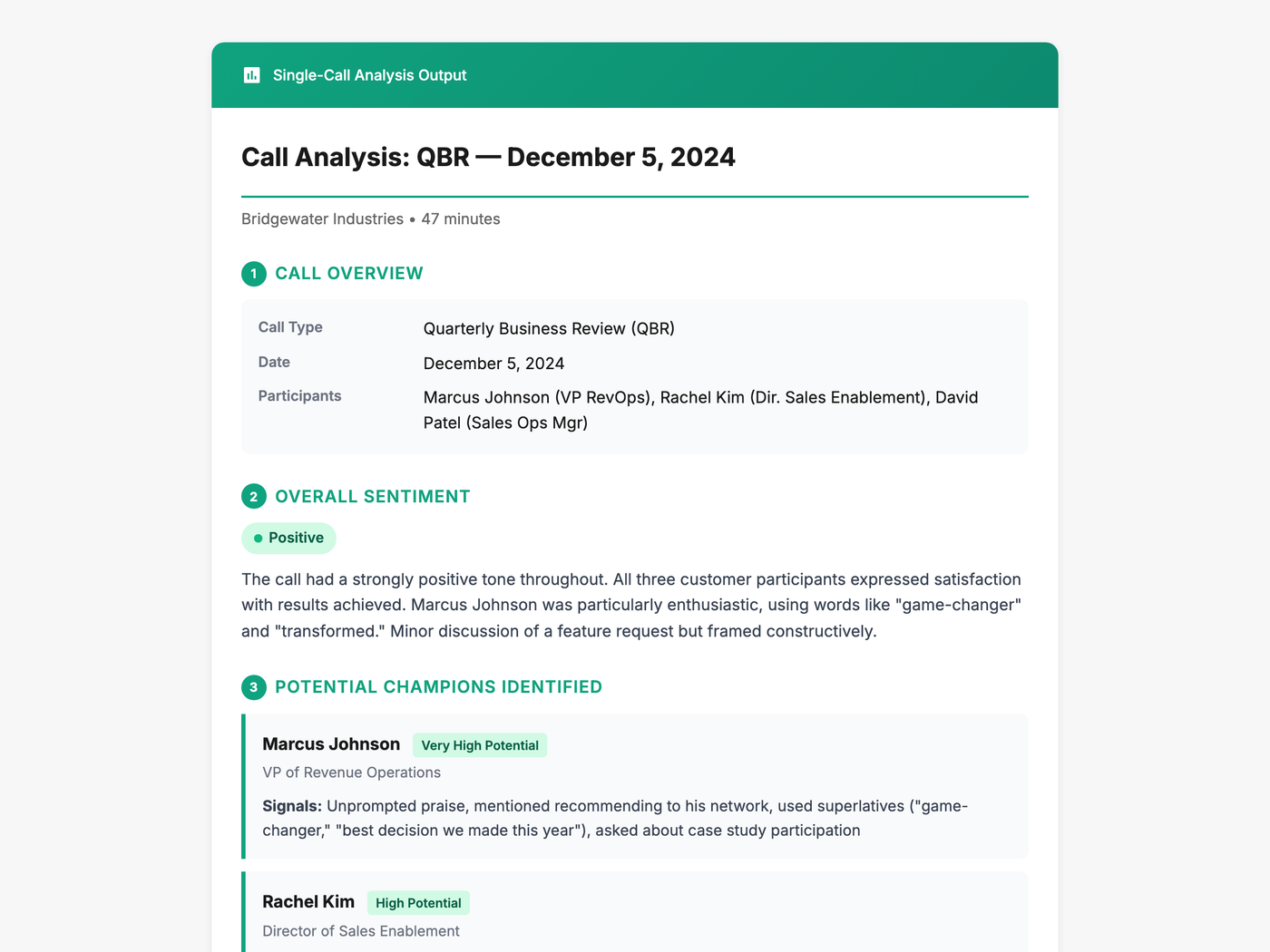 Example single-call analysis output