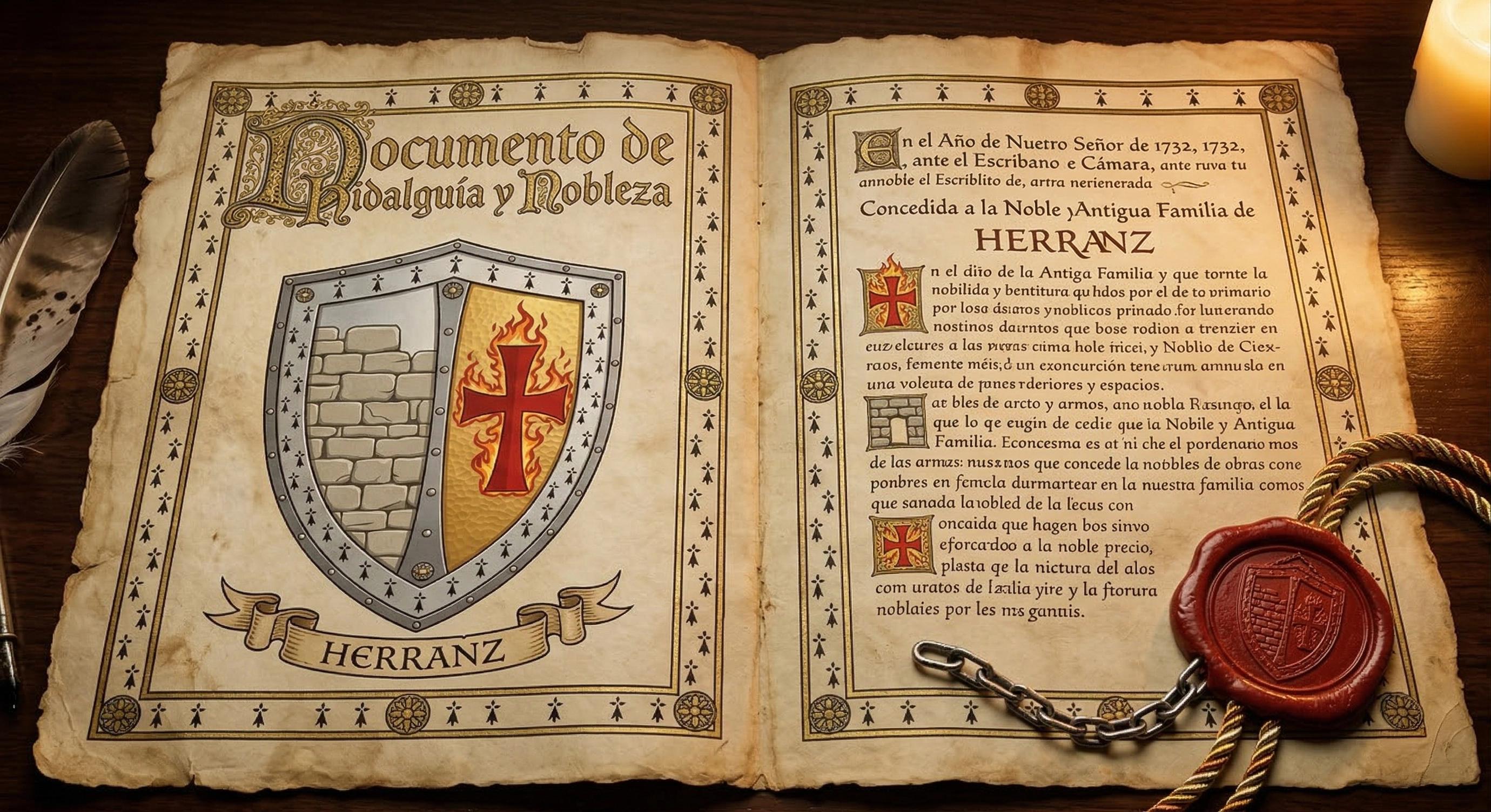 Documento de hidalguía de 1732; apellido Herranz; sello de cera roja y caligrafía barroca sobre pergamino amarillento.