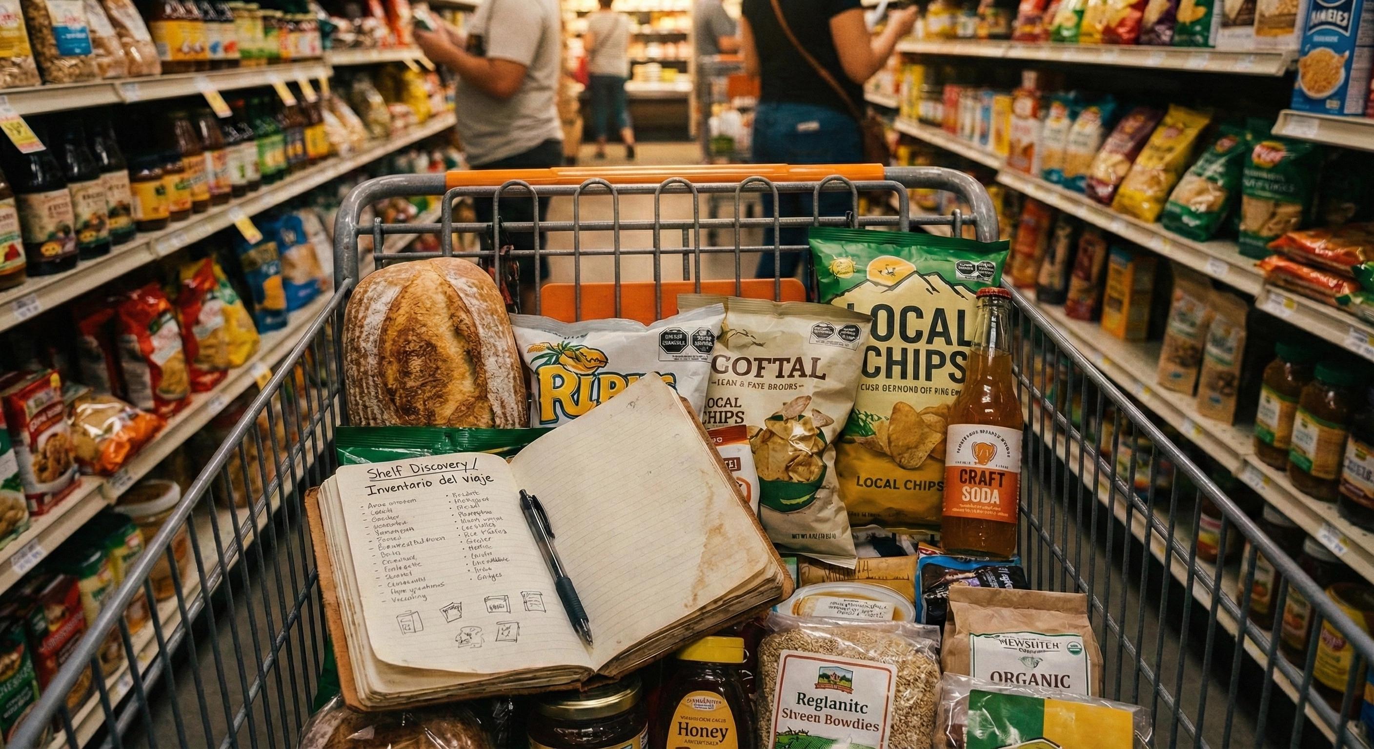 Carrito de supermercado con snacks y productos locales, y una libreta con “Inventario del viaje”, representando turismo de supermercado y recuerdos cotidianos.