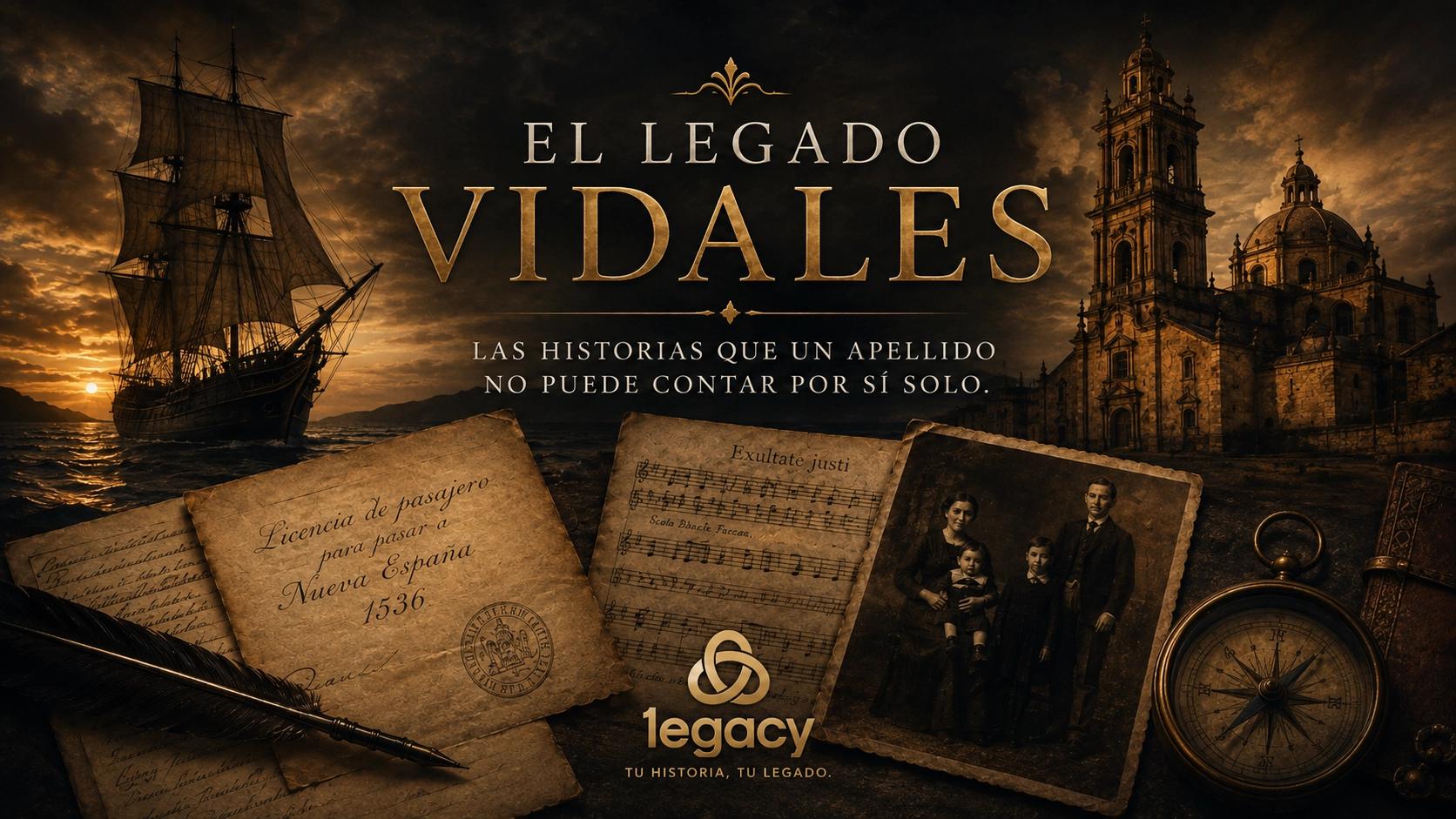 Portada editorial sobre el legado Vidales con un antiguo navío, documentos históricos, una partitura, una fotografía familiar, una catedral y una brújula.