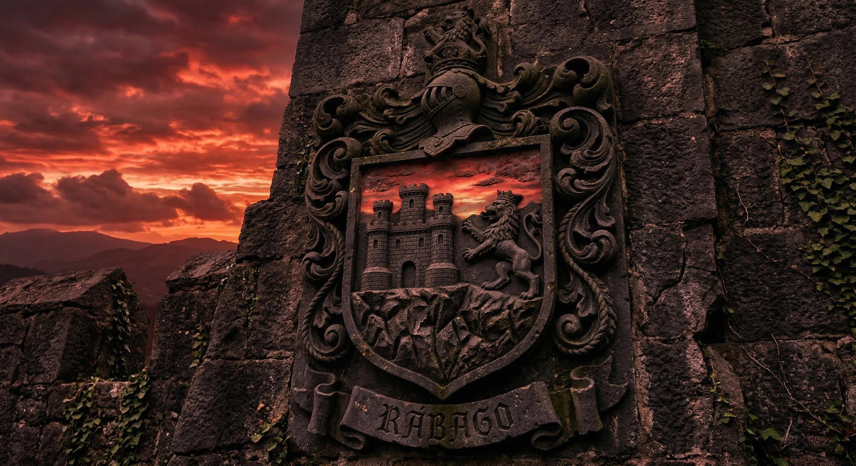 Escudo heráldico de los Rábago tallado en piedra oscura; representa un castillo y un león sobre un precipicio bajo un cielo rojo.