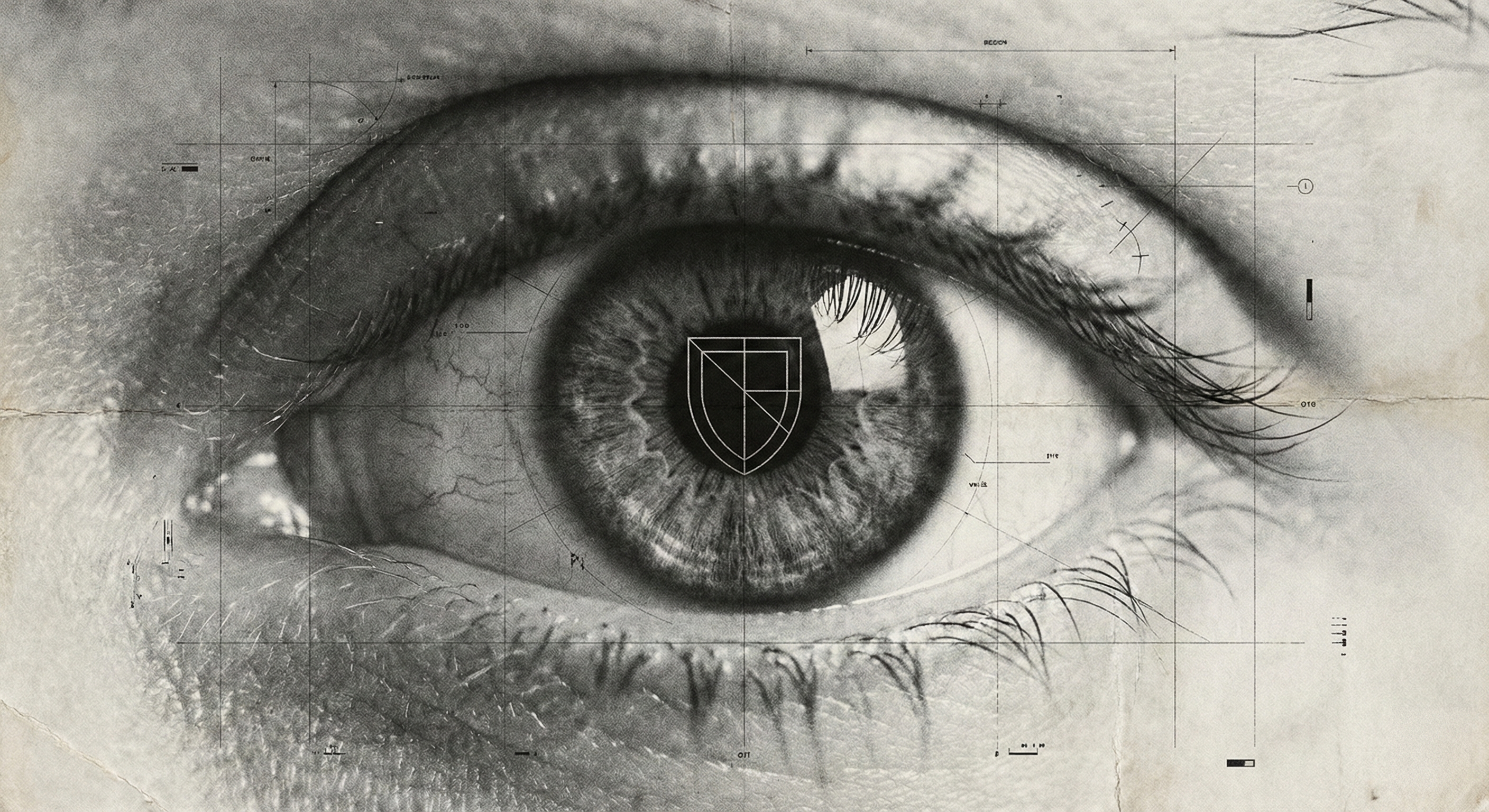 Primer plano de un ojo humano con un reflejo heráldico del escudo Govea, simbolizando cómo la historia familiar influye en patrones de supervivencia y resiliencia.