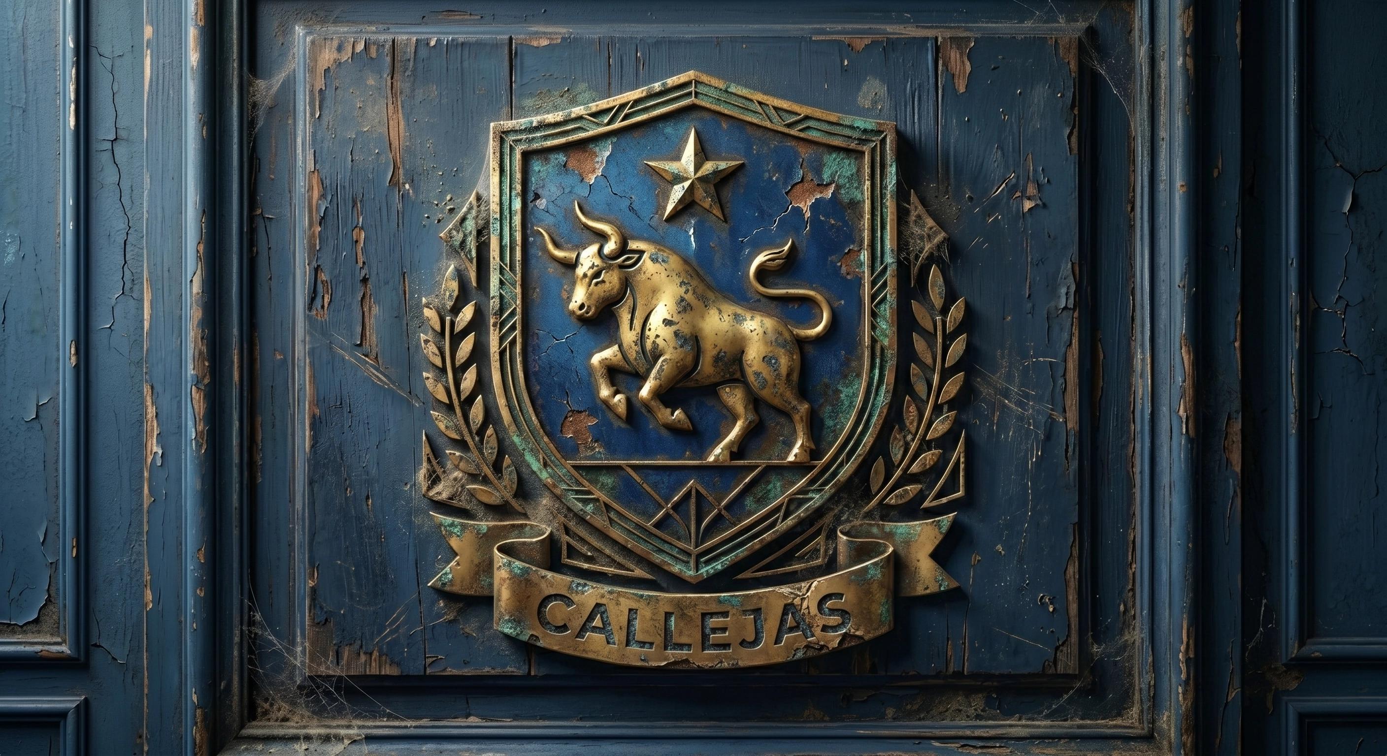 Ilustración hiperrealista del escudo Callejas en metal desgastado. Alt text: Escudo de armas del apellido Callejas con toro y estrella de oro sobre fondo azul profundo.