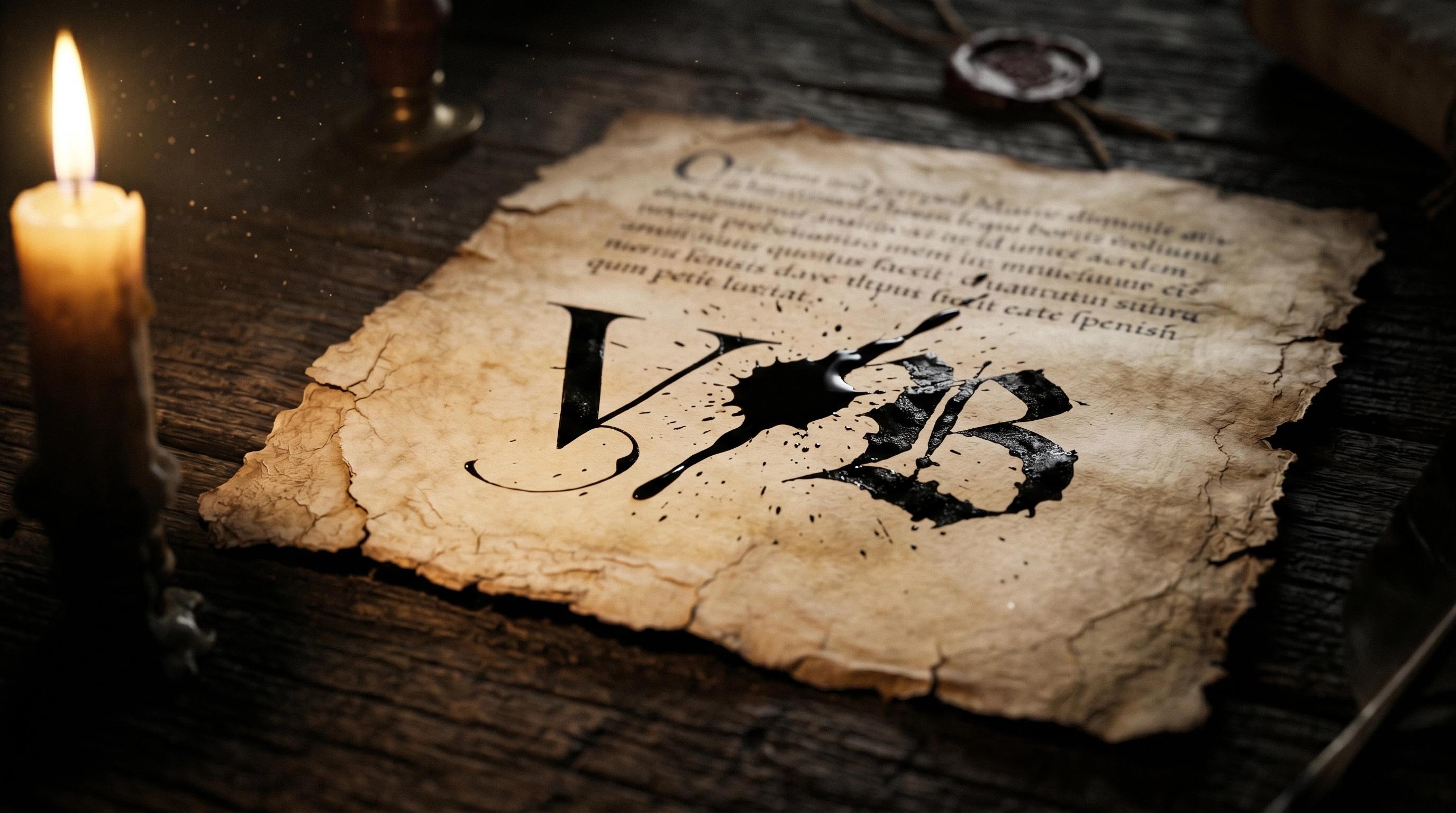 Fotografía cinematográfica en primer plano de un manuscrito antiguo del siglo XVI iluminado por una vela lateral. Una gota de tinta negra se divide en dos sobre el pergamino rugoso y agrietado, formando las letras medievales V y B sobre una mesa de roble oscuro, evocando el misterio de un linaje dividido.