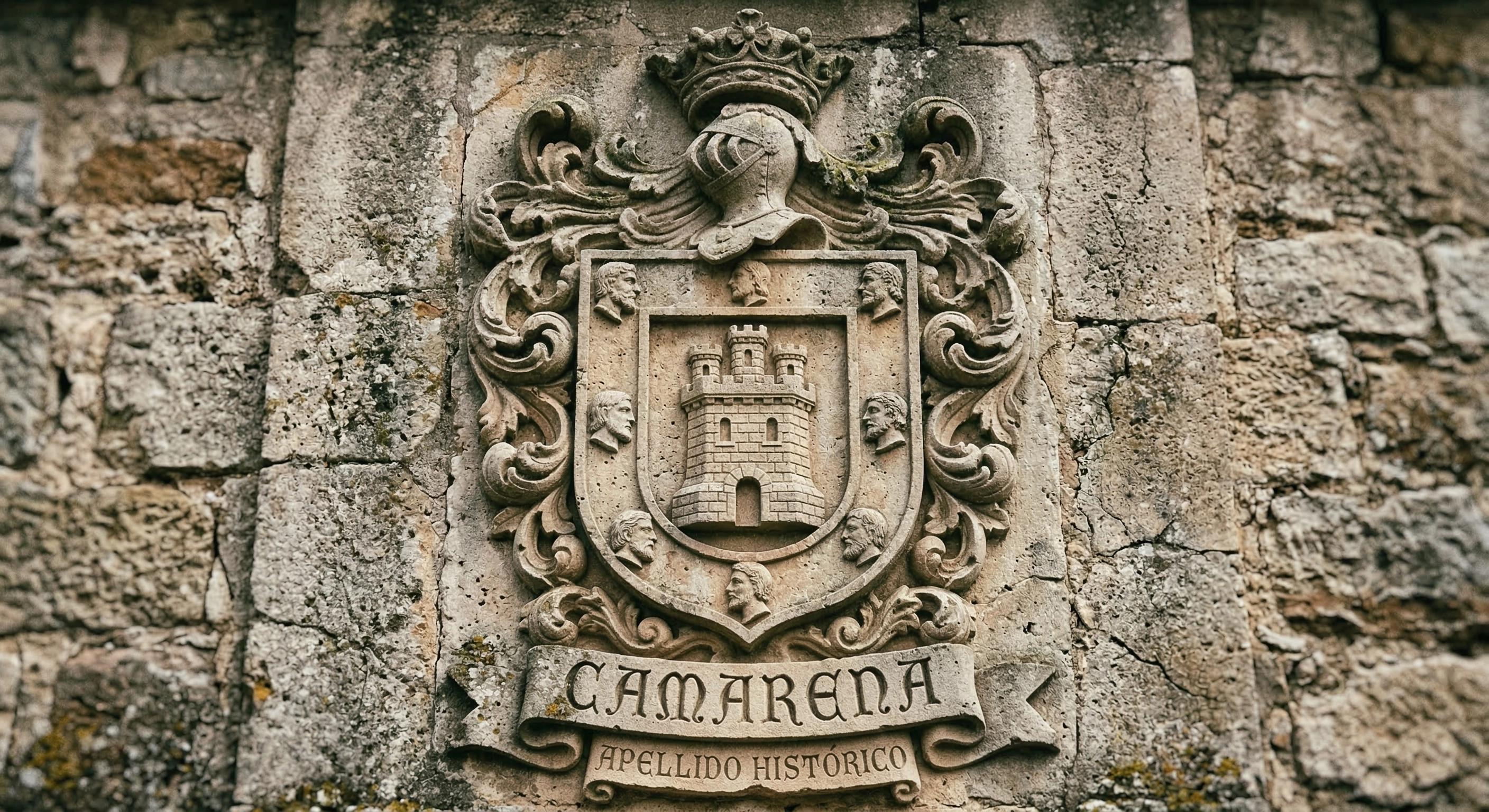Escudo de armas Camarena tallado en piedra porosa; se aprecian ocho cabezas perimetrales y una torre central; estética de archivo histórico.