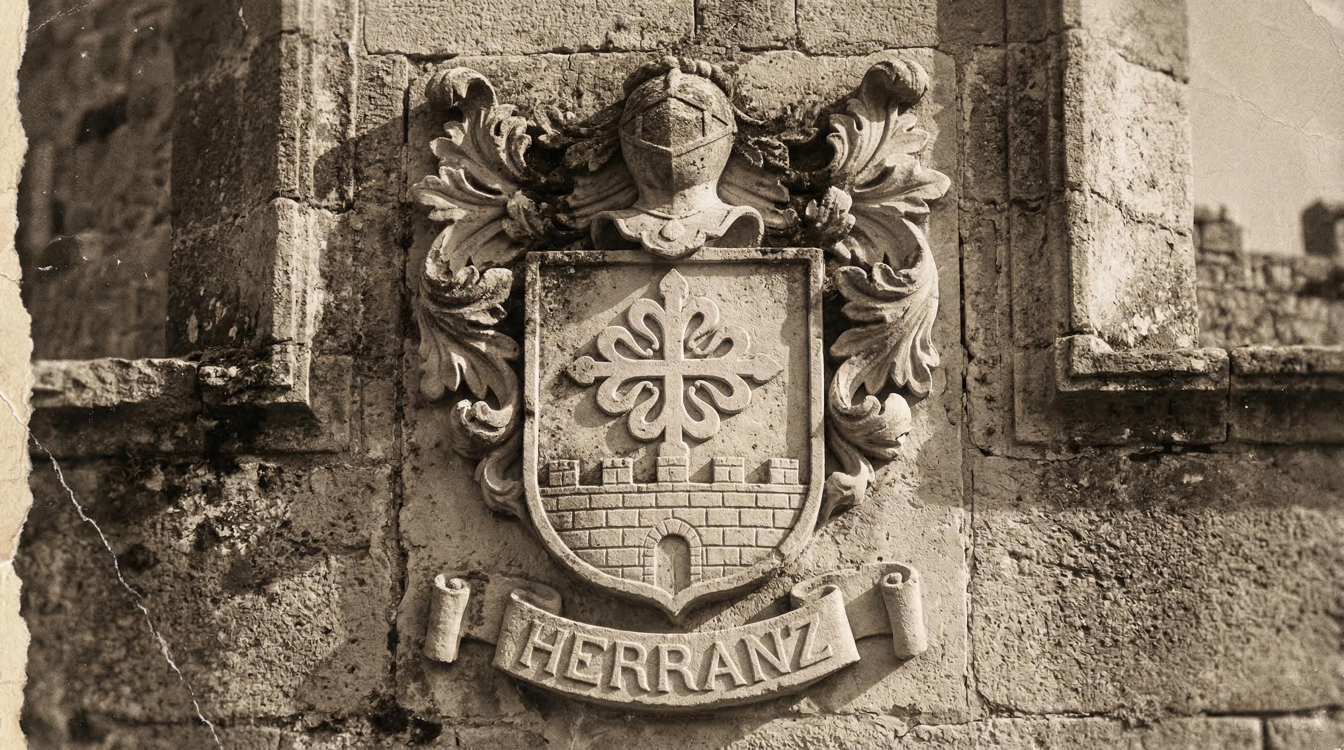 Escudo tallado en piedra con muro almenado y cruz de Calatrava; heráldica del apellido Herranz; estética de archivo histórico.