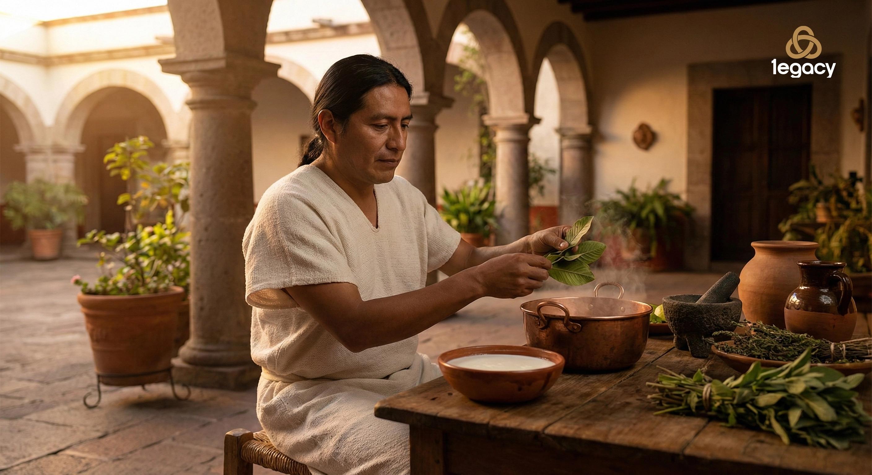 Representación de Miguel García, médico nahua del siglo XVI, preparando una infusión de hojas de guayaba para la regeneración dérmica.