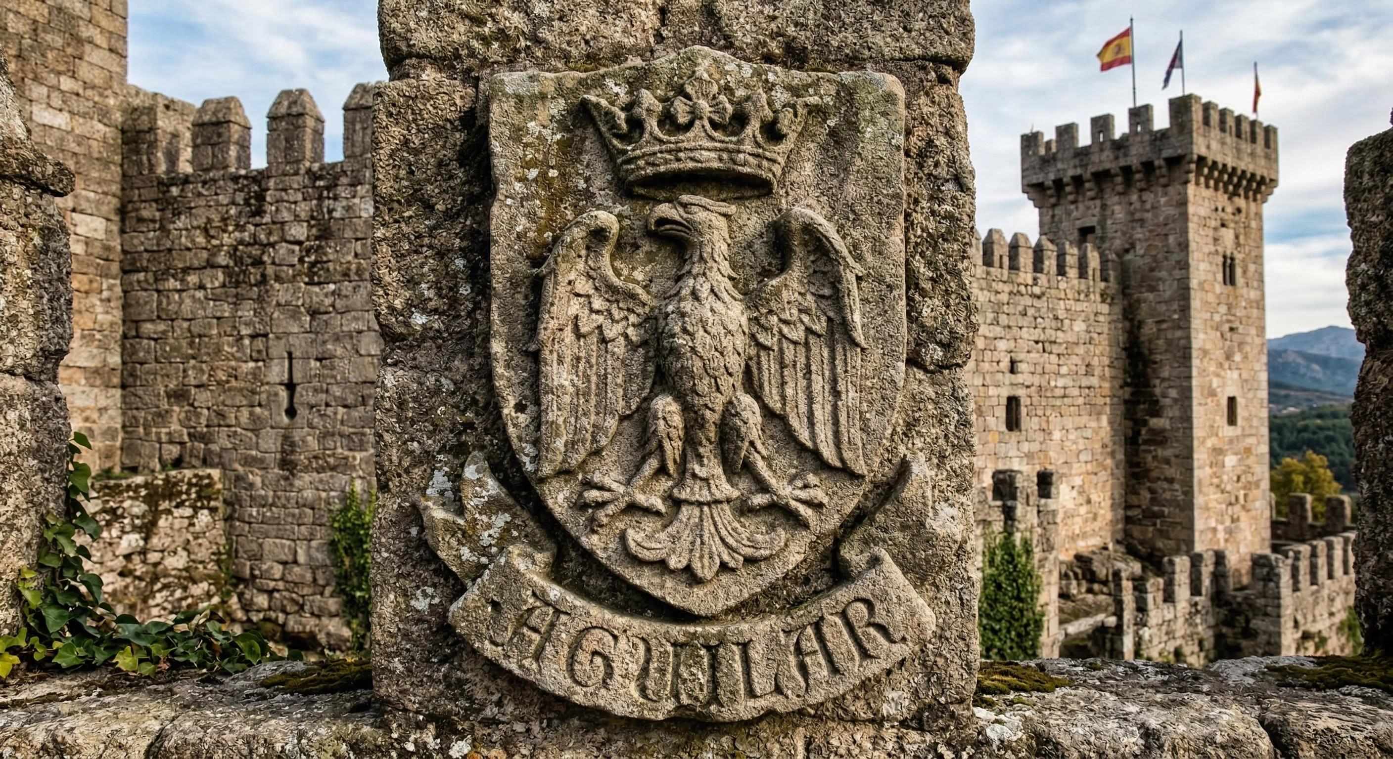 Escudo de piedra antiguo con águila real tallada; apellido Aguilar; estética de fortaleza medieval española.