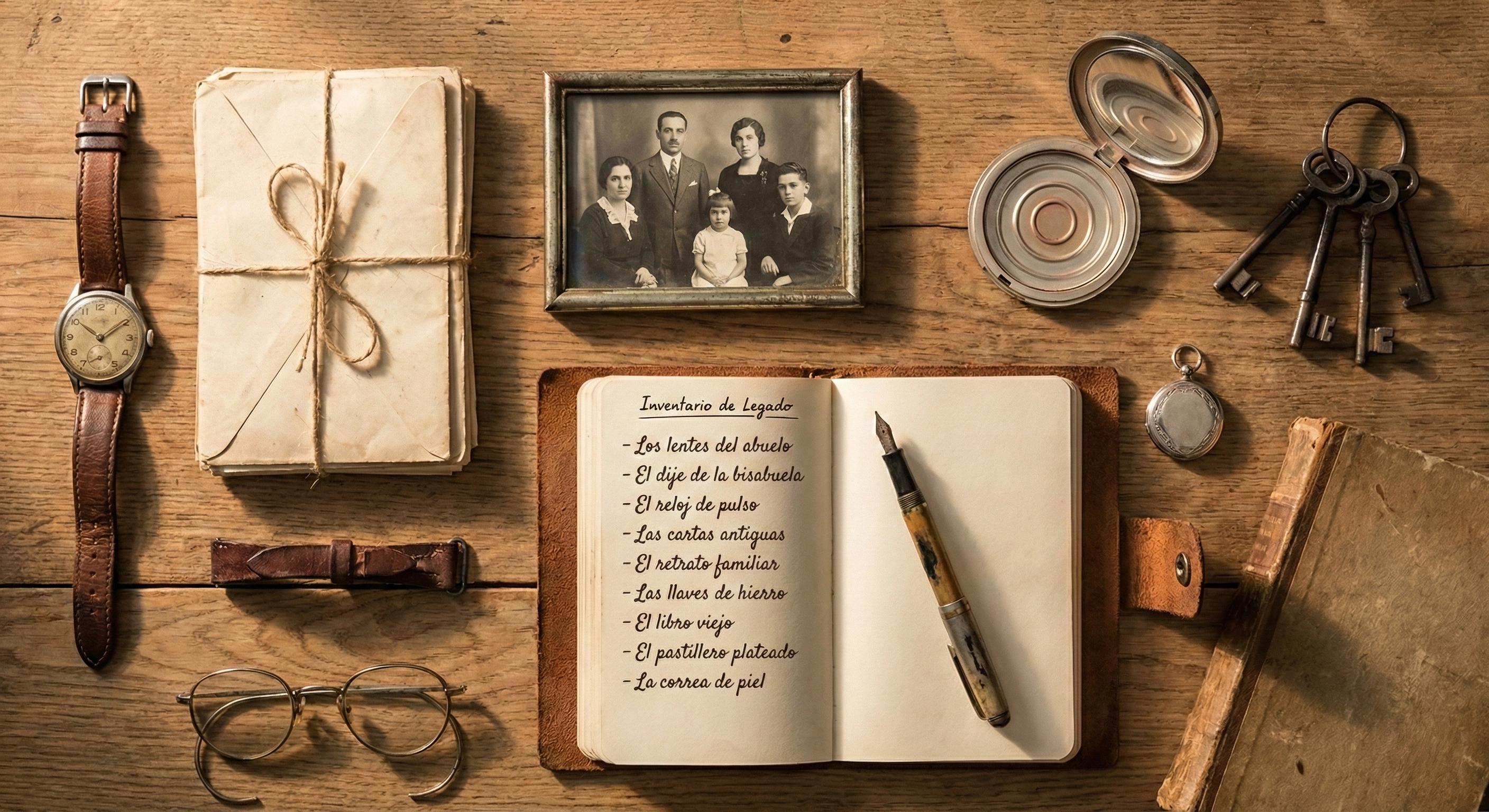 Mesa con diez objetos personales y familiares (reloj antiguo, cartas, foto impresa, llaves y maquillaje terminado) junto a una libreta de “inventario de legado”.