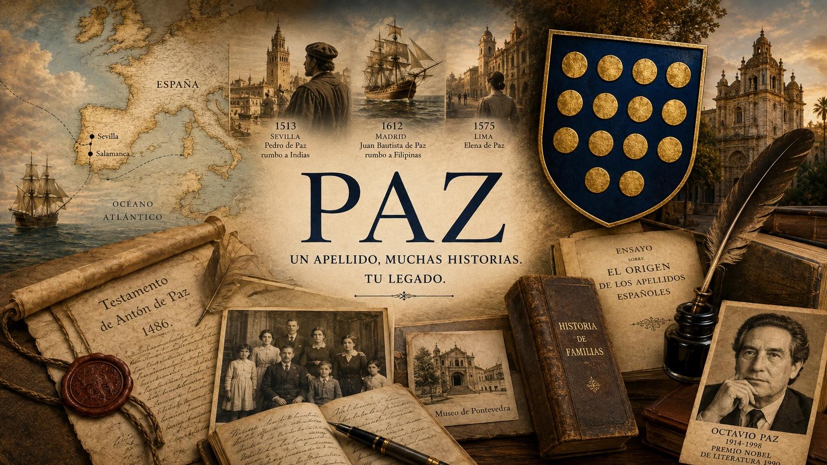Composición histórica sobre el legado del apellido Paz con documentos, rutas migratorias, fotografías familiares, referencias a España y América y símbolos de distintas ramas del linaje.