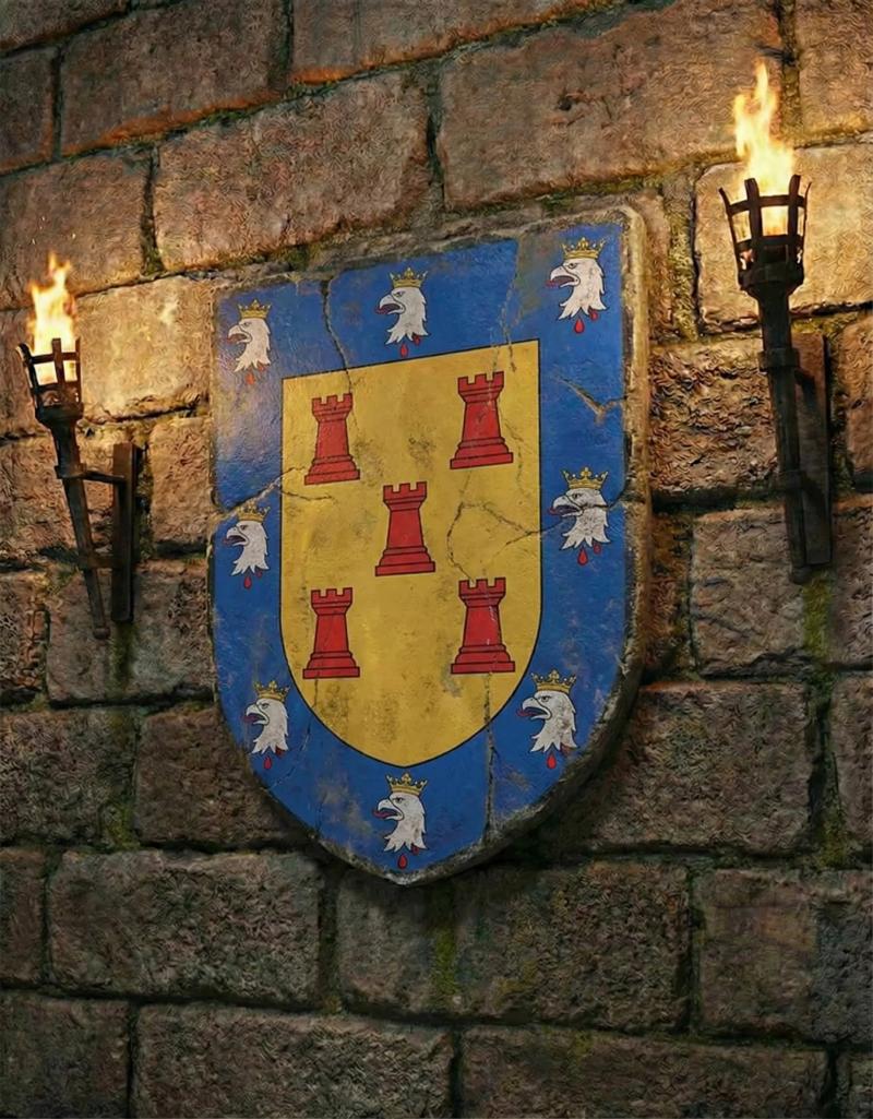  Escudo de Armas oficial del apellido Casas: 5 roques de ajedrez y 8 cabezas de águila degolladas, heráldica de la Conquista de Sevilla.