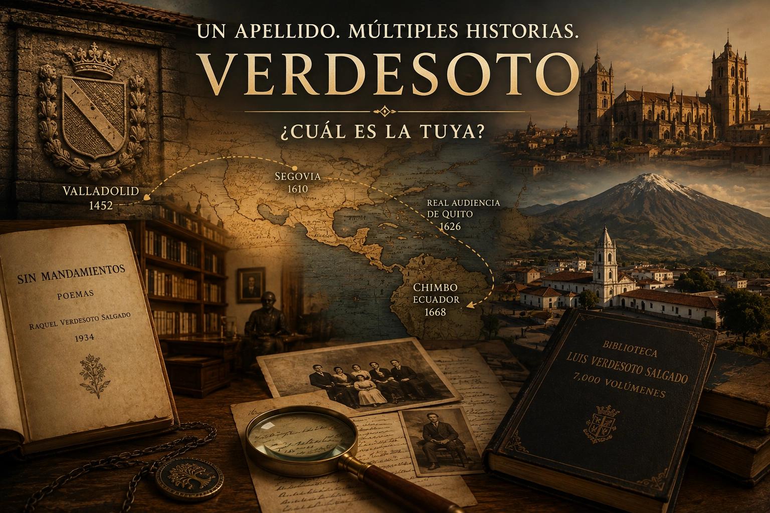 Composición histórica sobre el legado del apellido Verdesoto, con referencias a Valladolid, Segovia, Quito y Chimbo, junto a documentos, libros y recuerdos familiares.