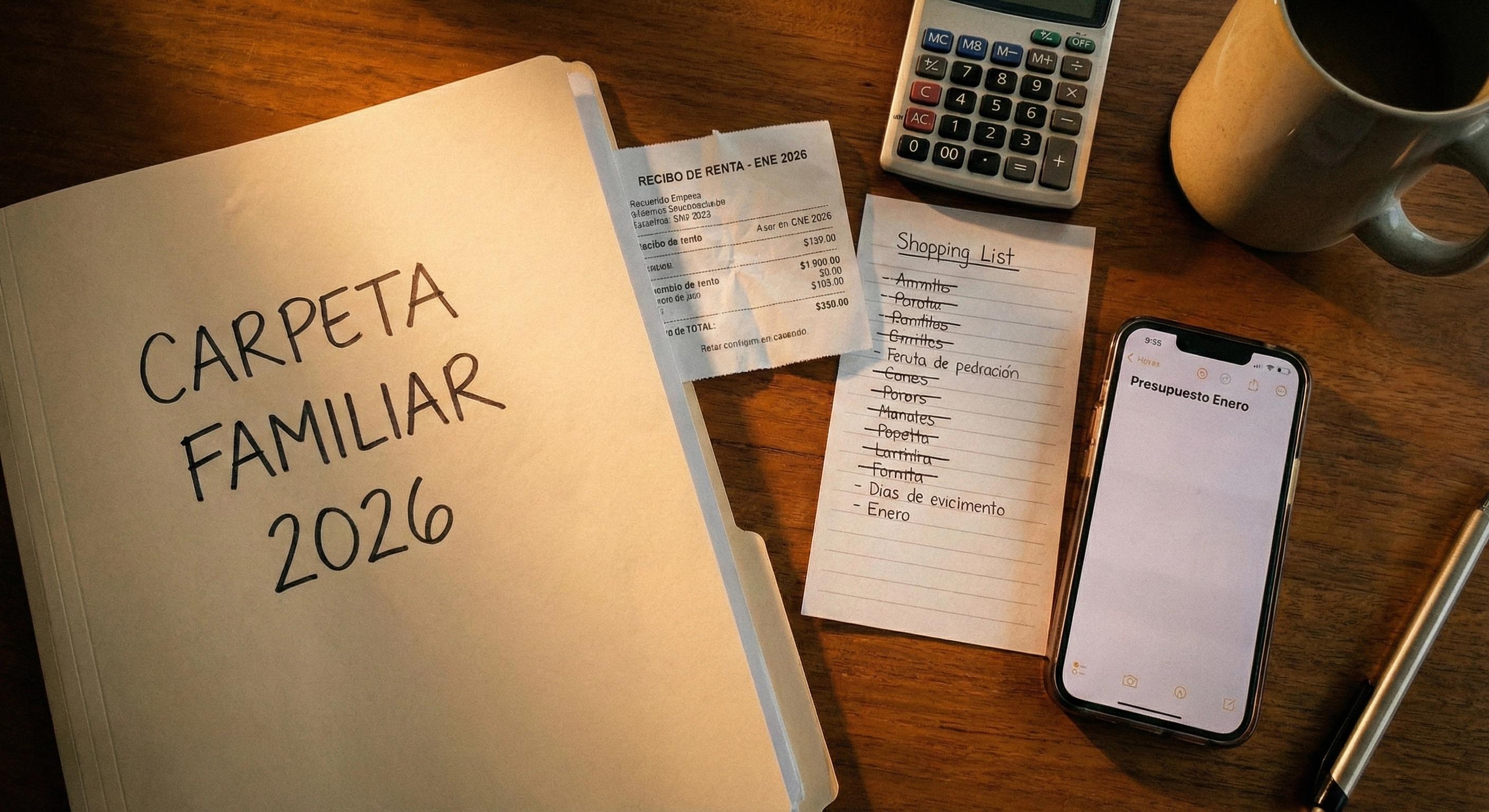 Carpeta “Carpeta Familiar 2026” sobre una mesa con recibos, lista de compras y calculadora, representando orden financiero y continuidad familiar.
