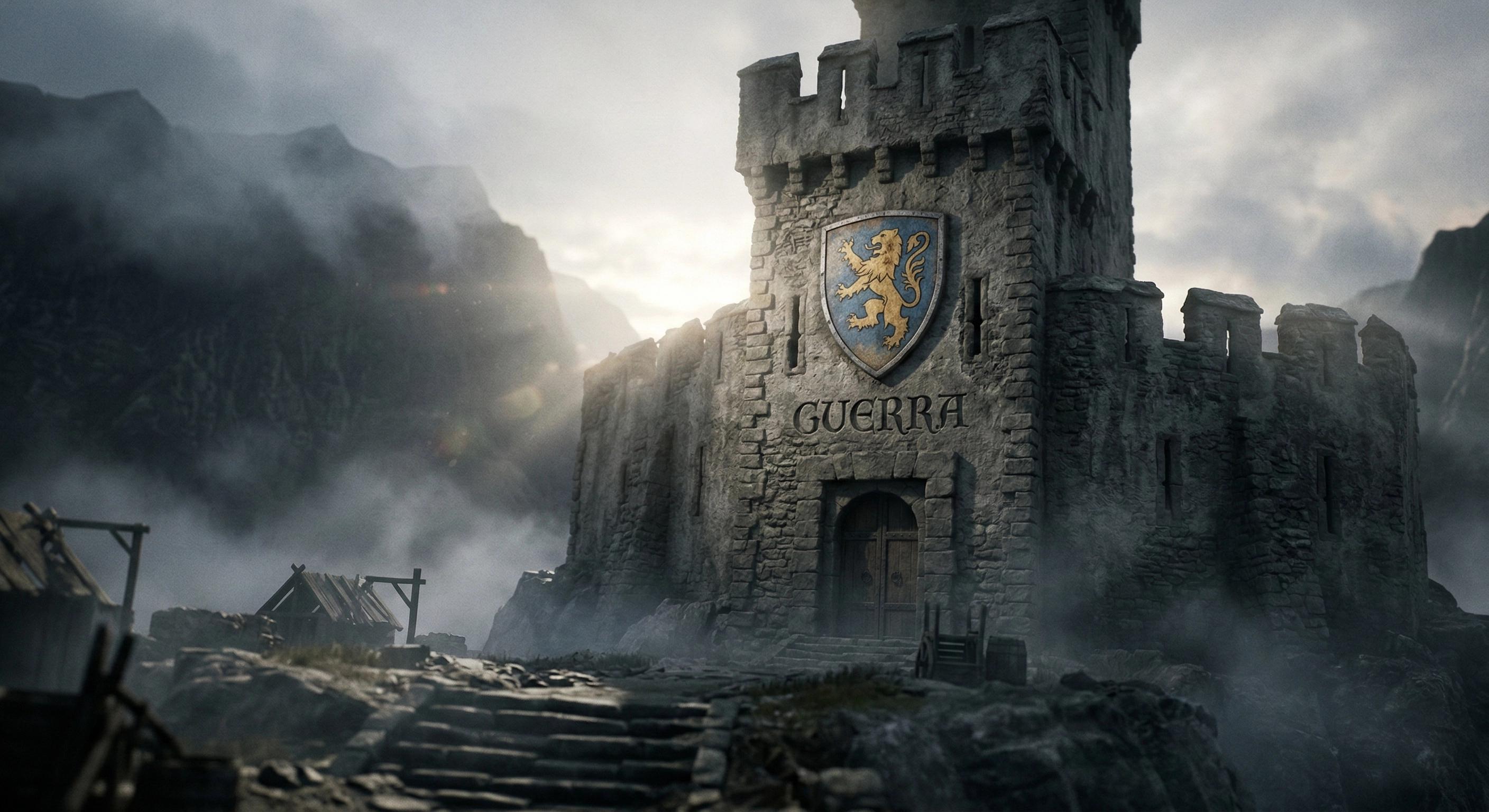 Torre de piedra antigua con blasón heráldico tallado; apellido Guerra; símbolo de linaje medieval y defensa.