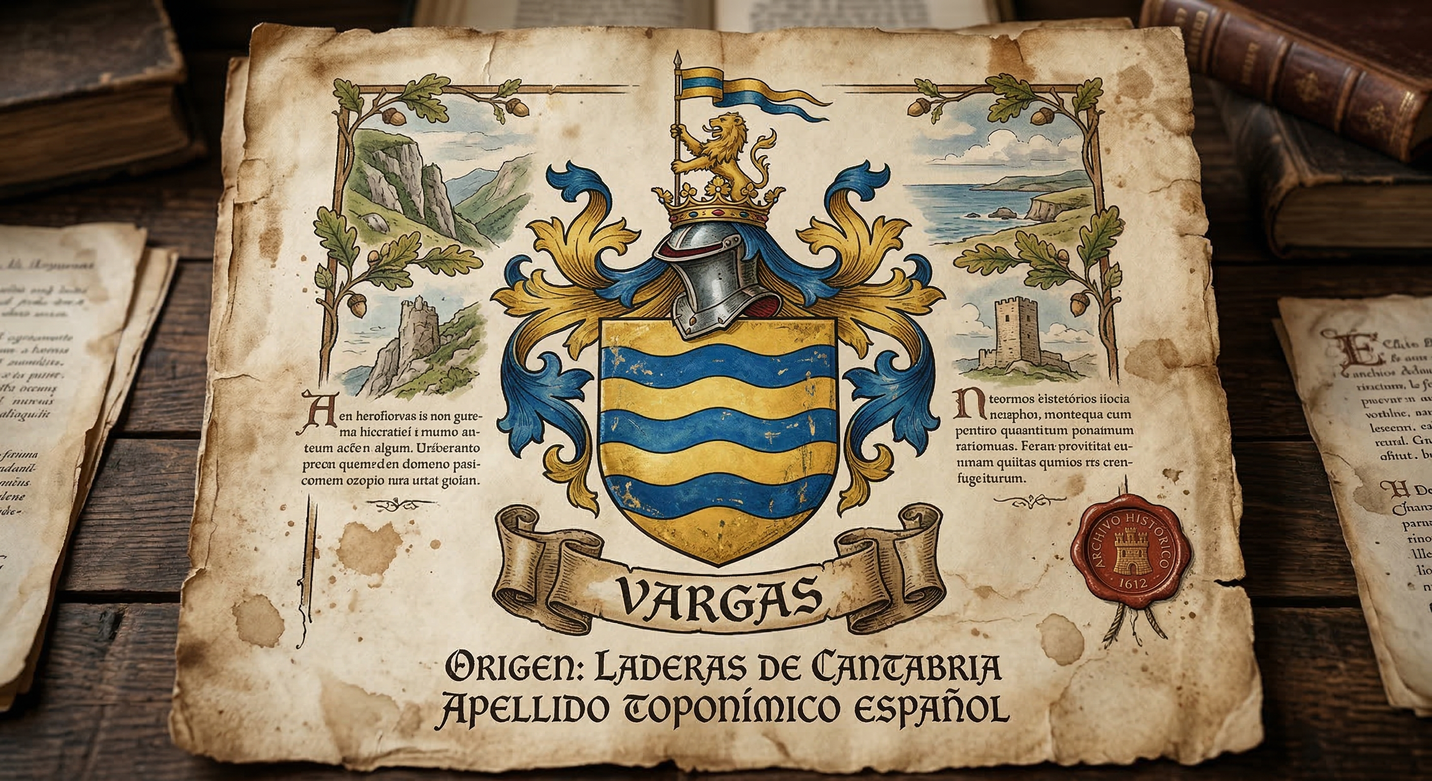 Escudo de armas del apellido Vargas con fajas ondeadas de azur; origen toponímico en las laderas de Cantabria; estética de archivo histórico.