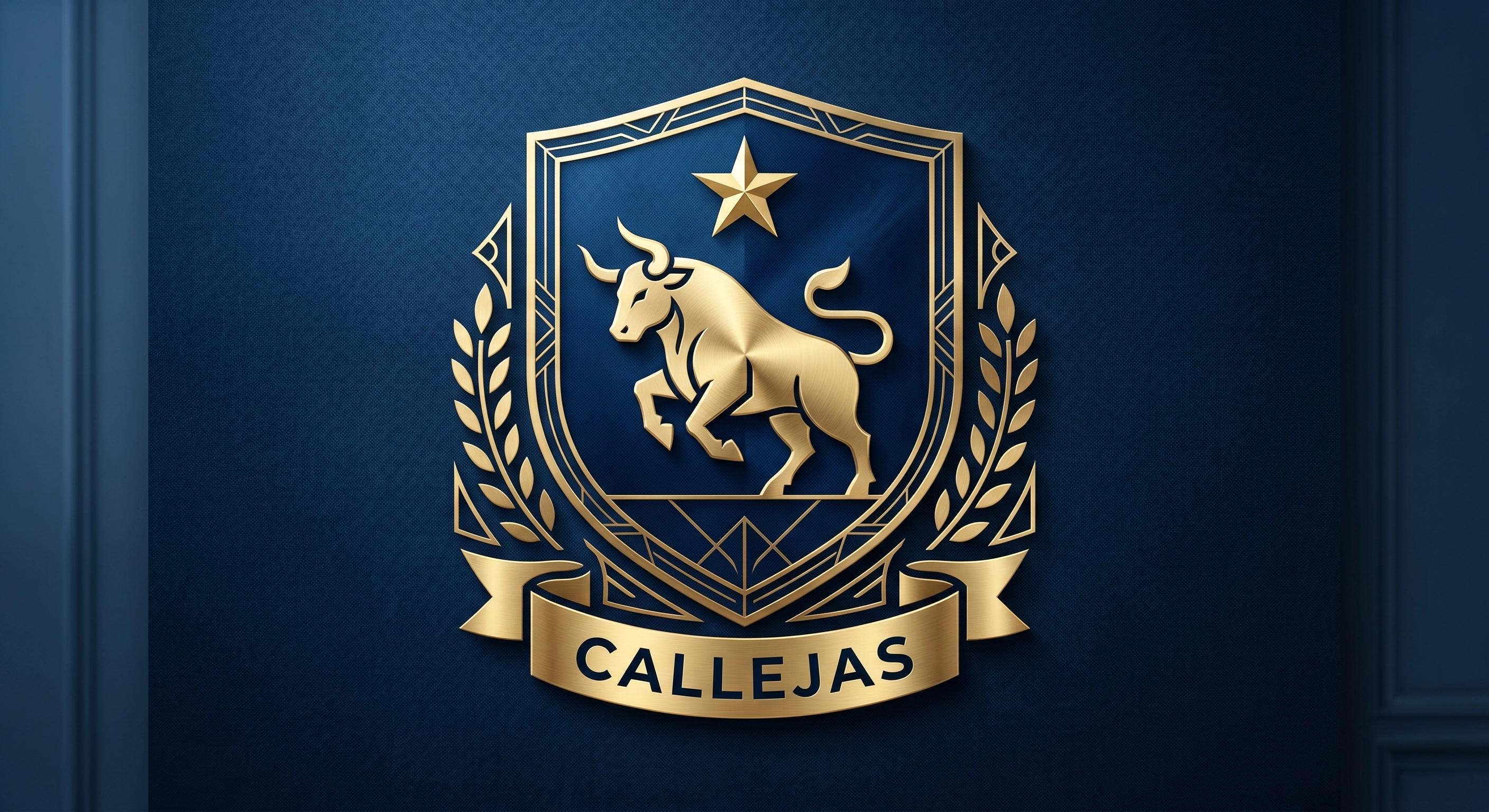 Diseño contemporáneo del escudo del apellido Callejas con un toro dorado y una estrella sobre fondo azul de alta gama."