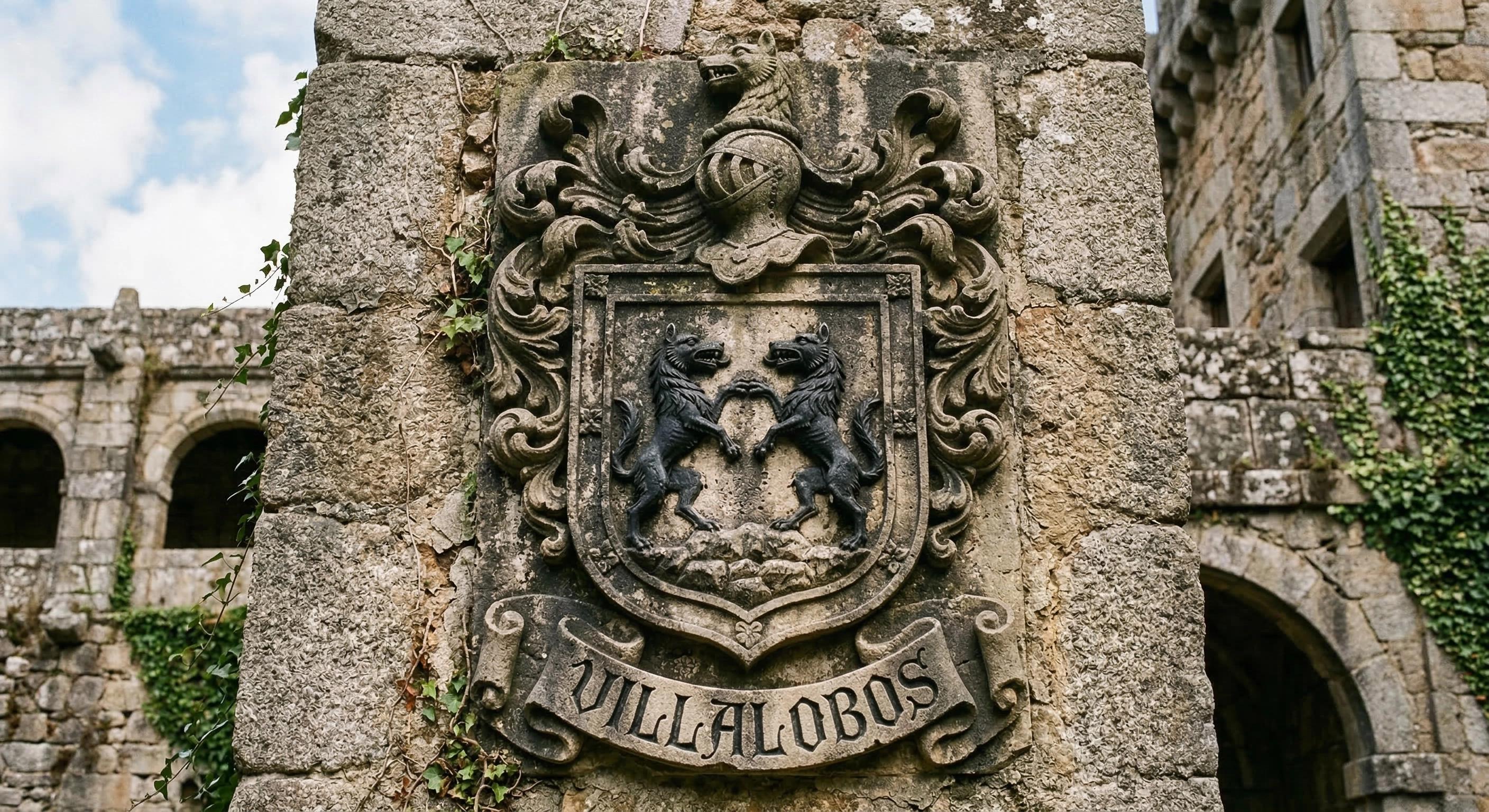 Escudo tallado en piedra con dos lobos de sable; apellido Villalobos; estética de archivo histórico y heráldica medieval.