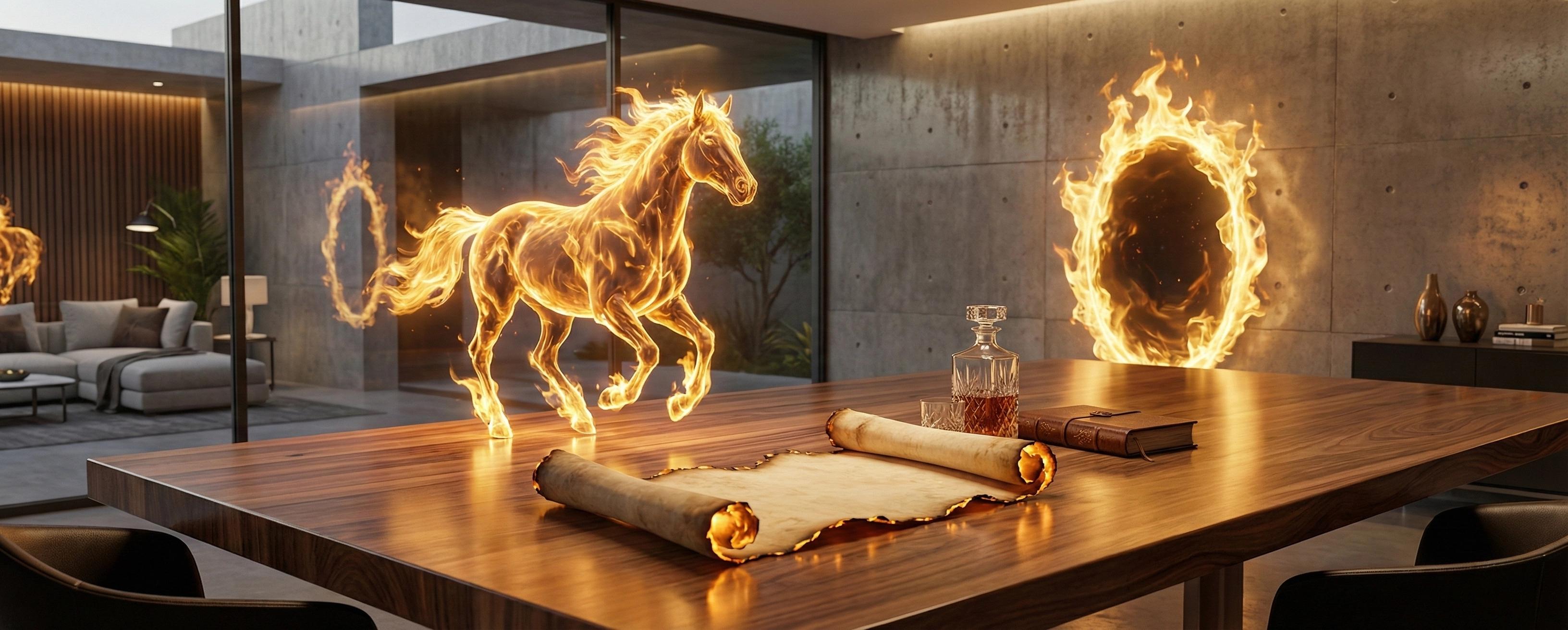 Fusión visual de un caballo de fuego zodiacal chino con un escudo heráldico medieval español, simbolizando el Portal 2026.