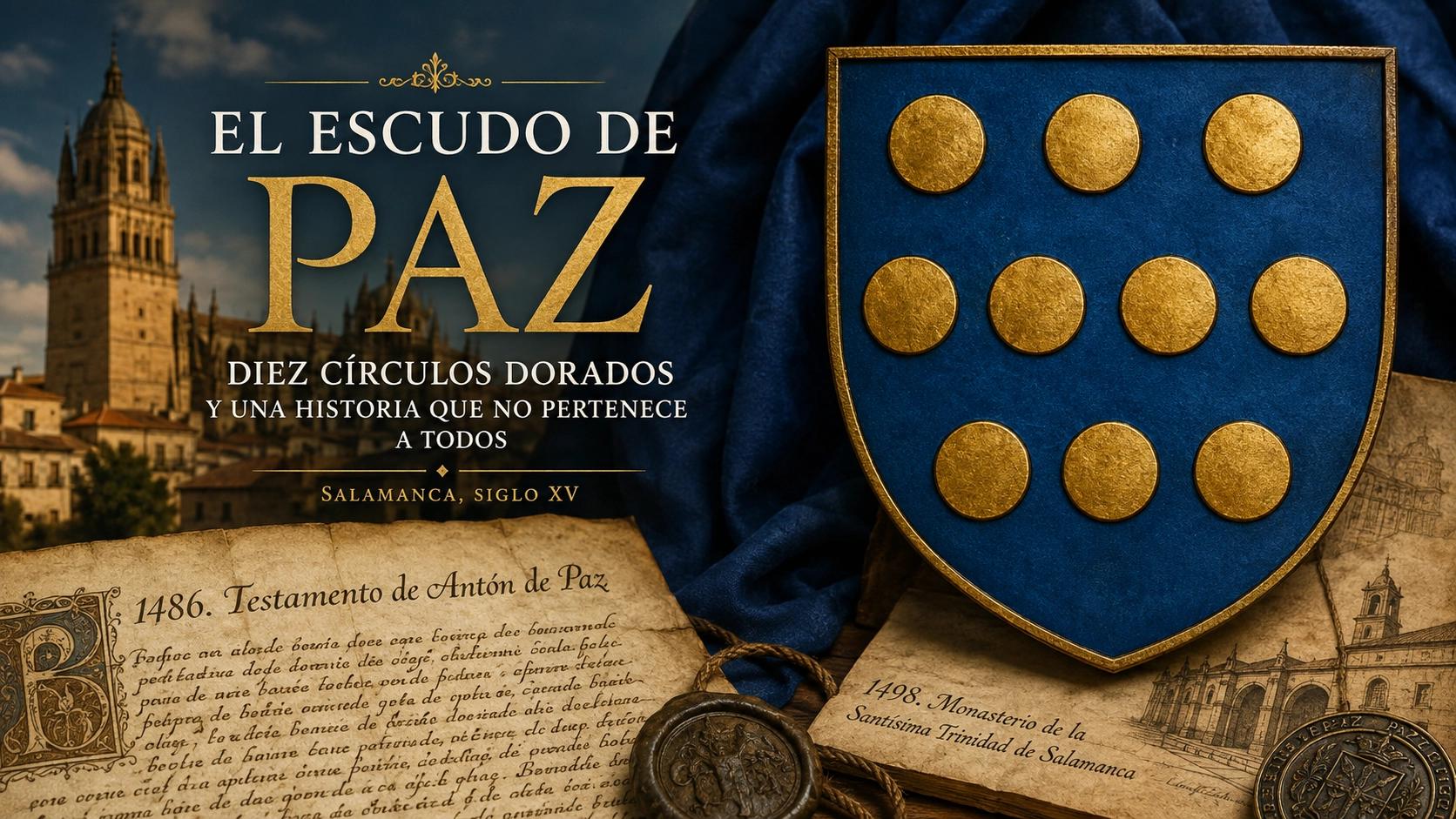 Escudo histórico asociado a una rama de los Paz de Salamanca, con diez bezantes de oro sobre campo de azur, junto a documentos del siglo XV relacionados con Antón de Paz.