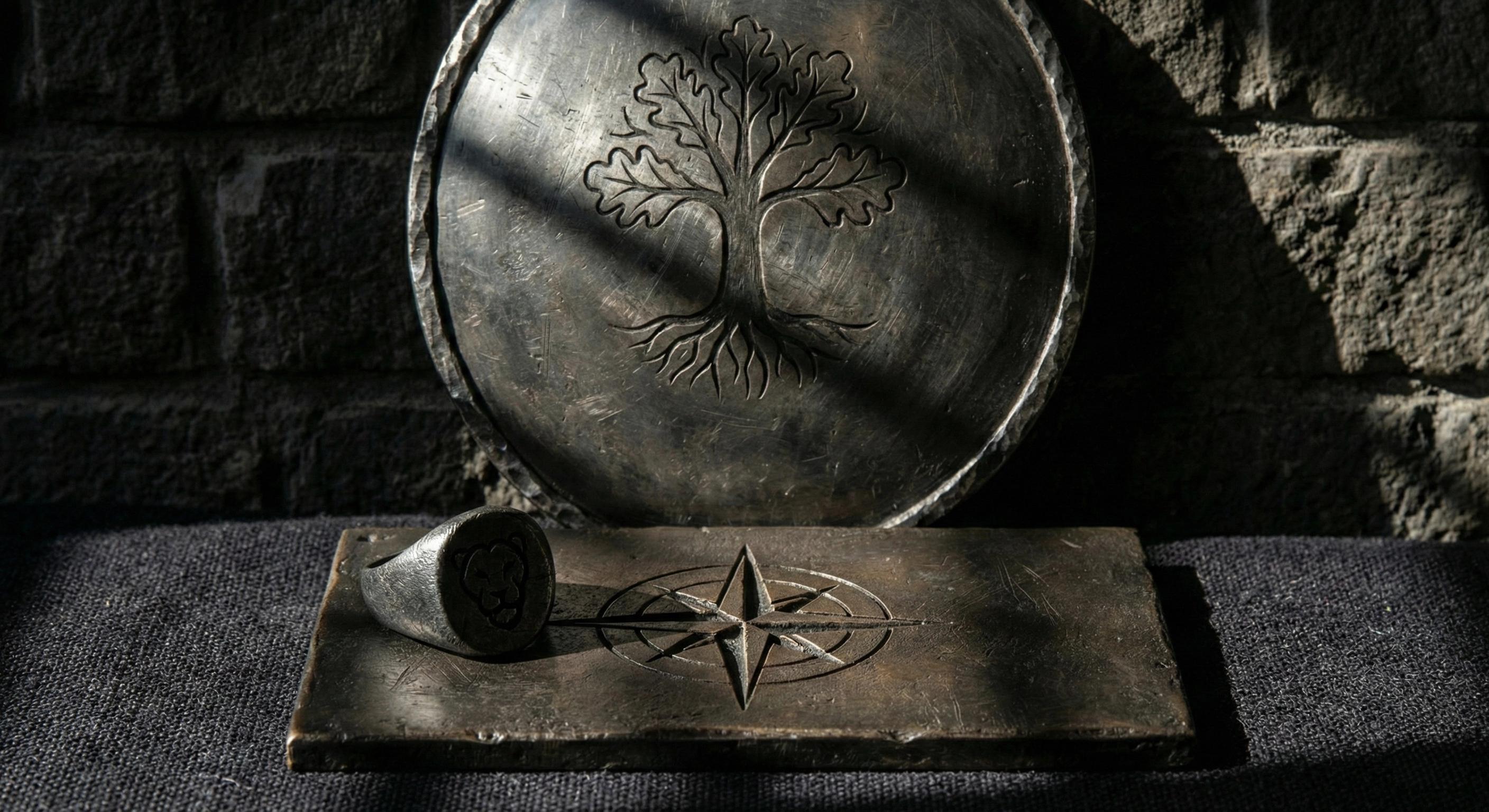 Anillo sello de metal con blasón minimalista; rediseño heráldico para hombre moderno; identidad del apellido.