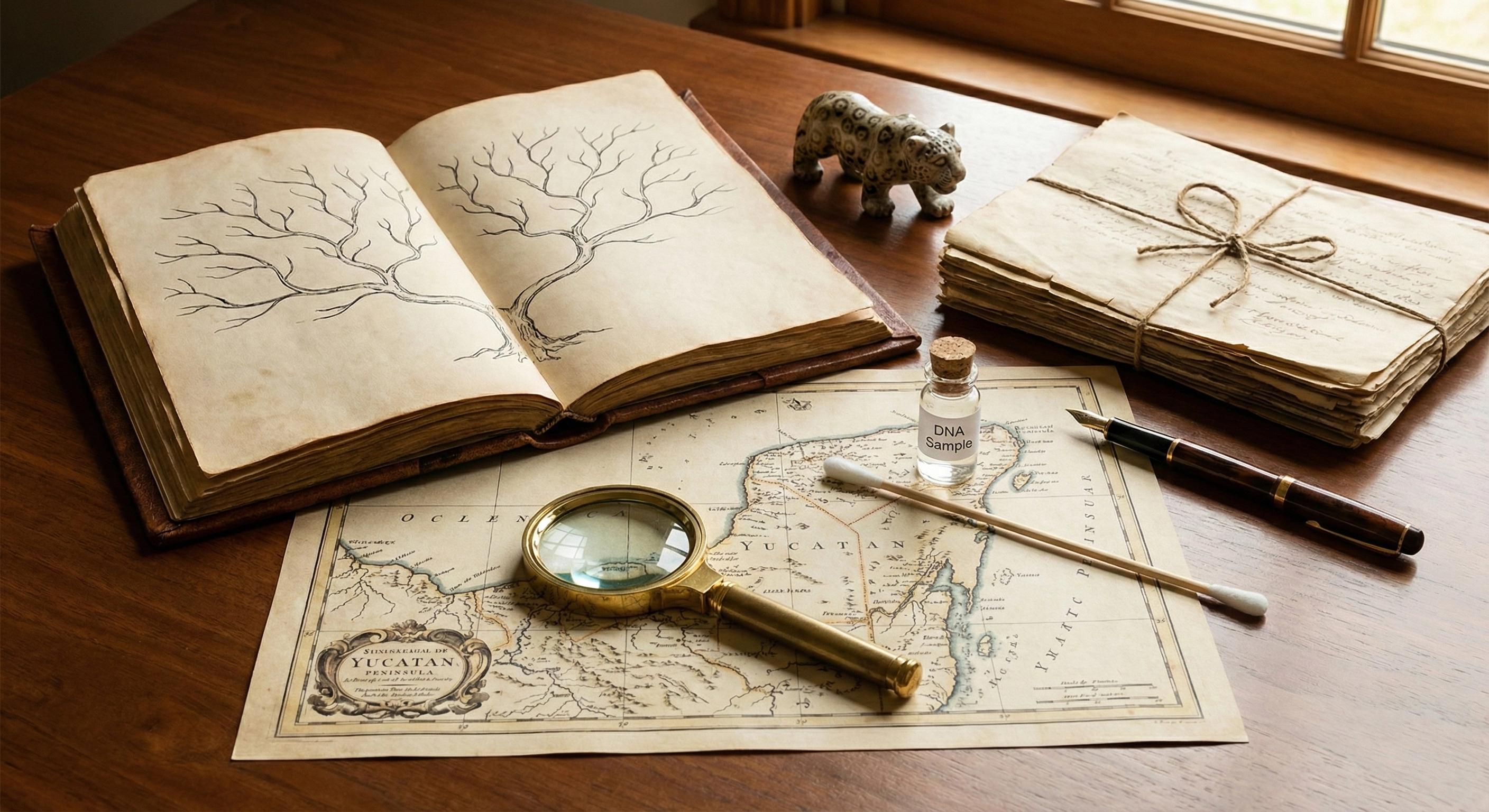 Kit de investigación con lupa sobre mapa antiguo de Yucatán, esquema de árbol genealógico y kit de ADN, simbolizando el método 1egacy.