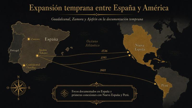 mapa de expansión con Guadalcanal, Zamora, Ajofrín, Nueva España y Perú.